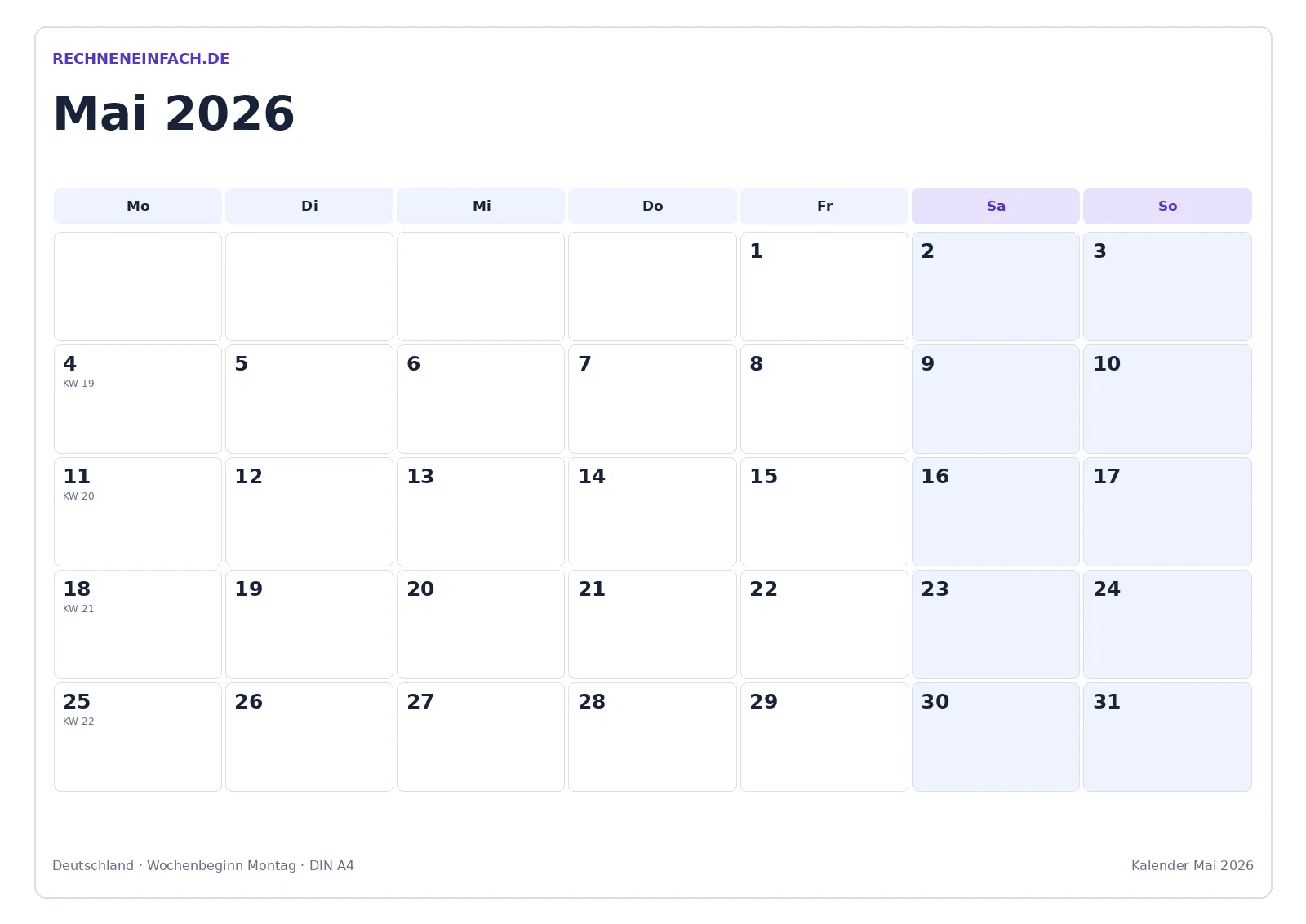 Kalender Mai 2026: Mit Kalenderwochen