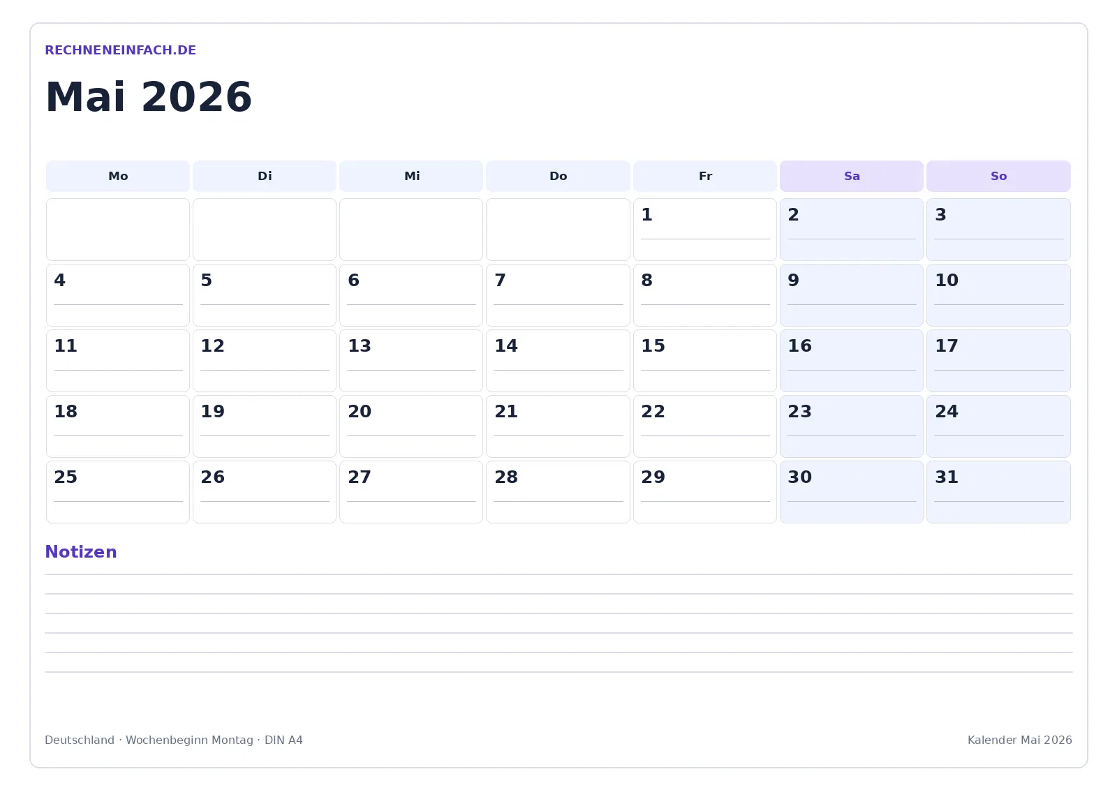 Kalender Mai 2026: Querformat mit Notizen