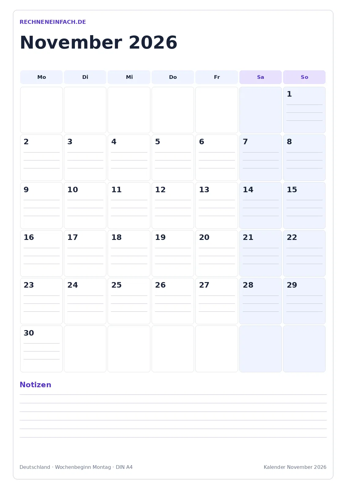 Kalender November 2026: Hochformat mit Notizen