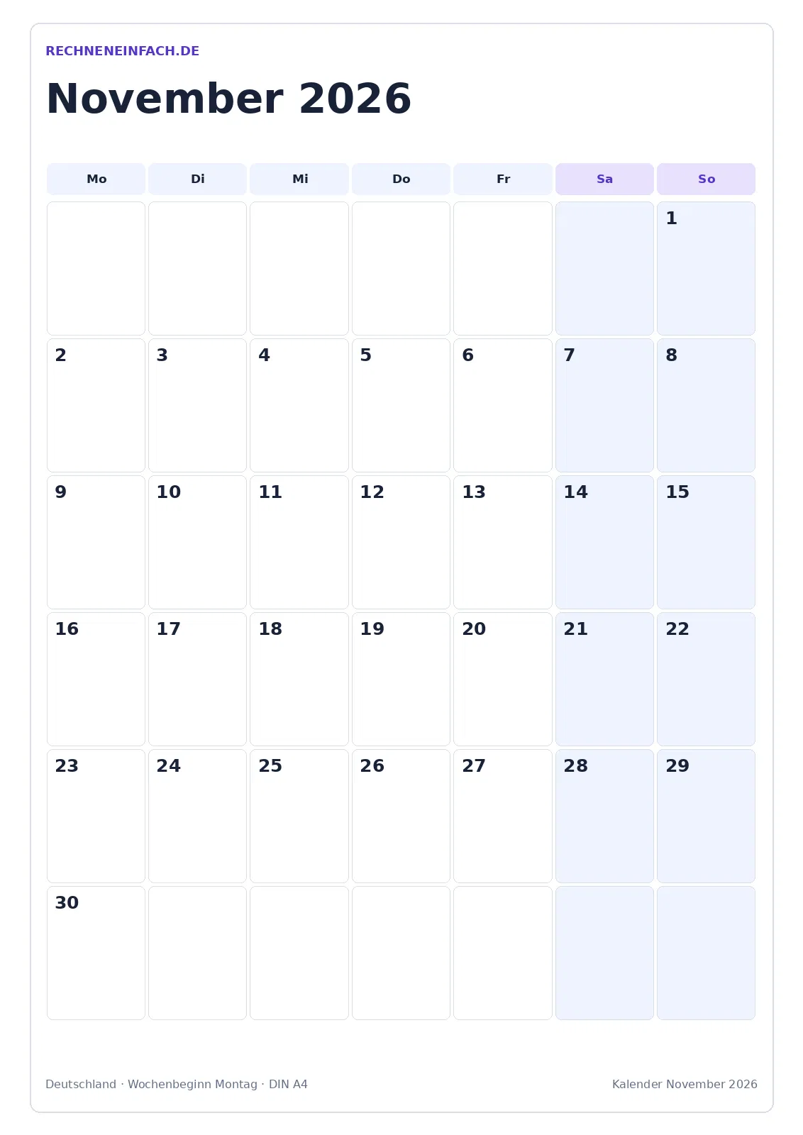 Kalender November 2026: Hochformat