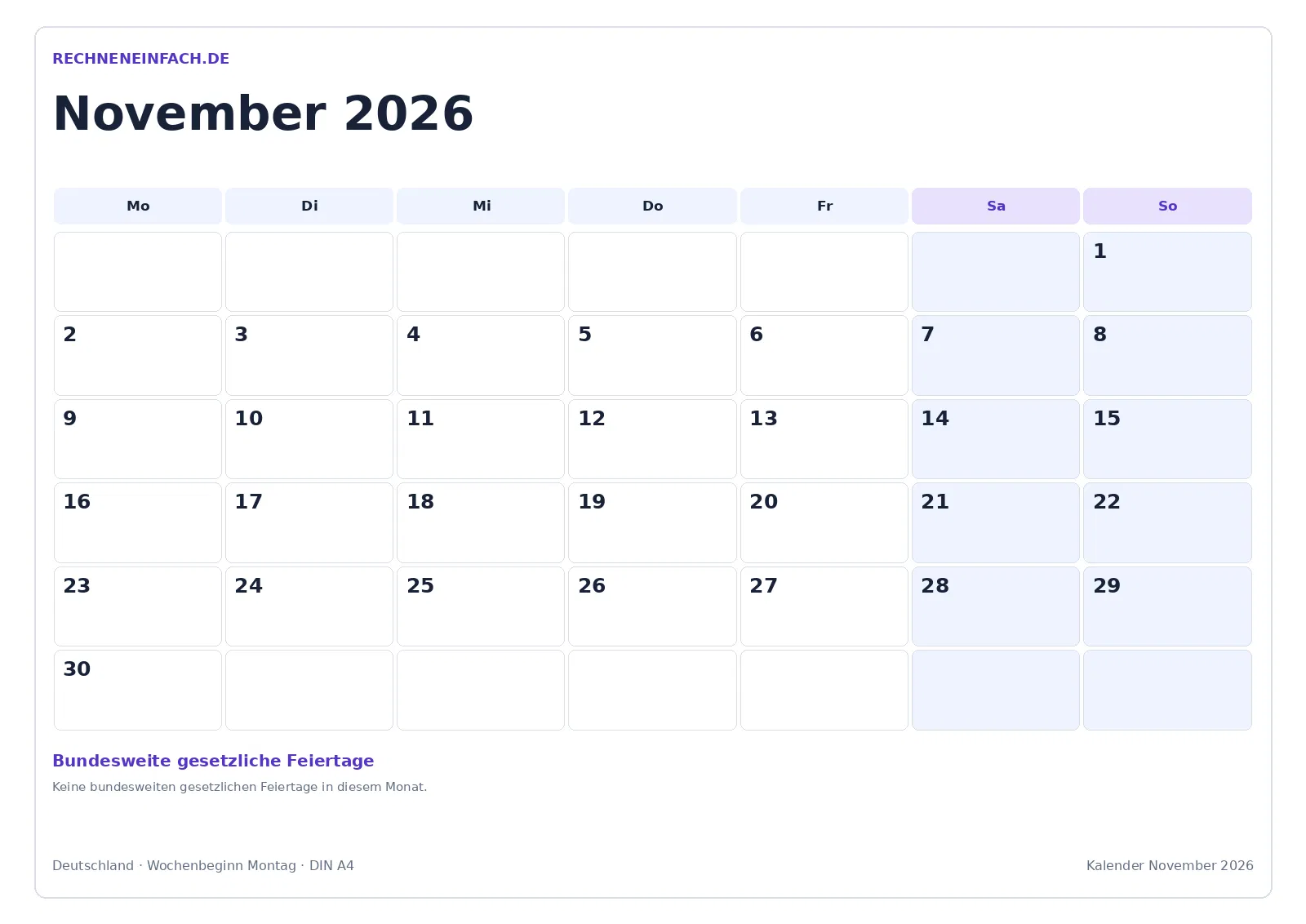 Kalender November 2026: Mit Feiertagen
