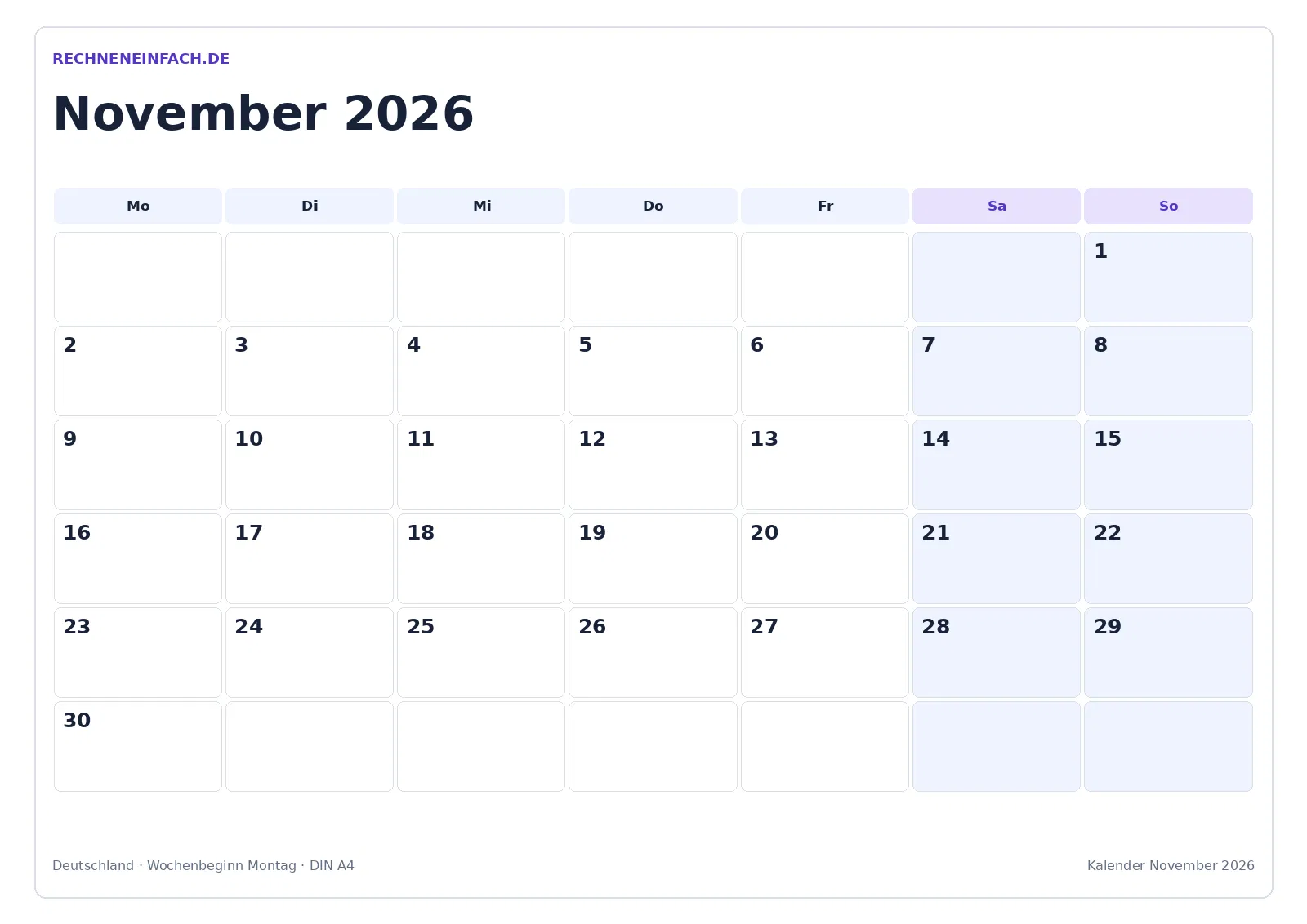 Kalender November 2026: Wochenenden markiert
