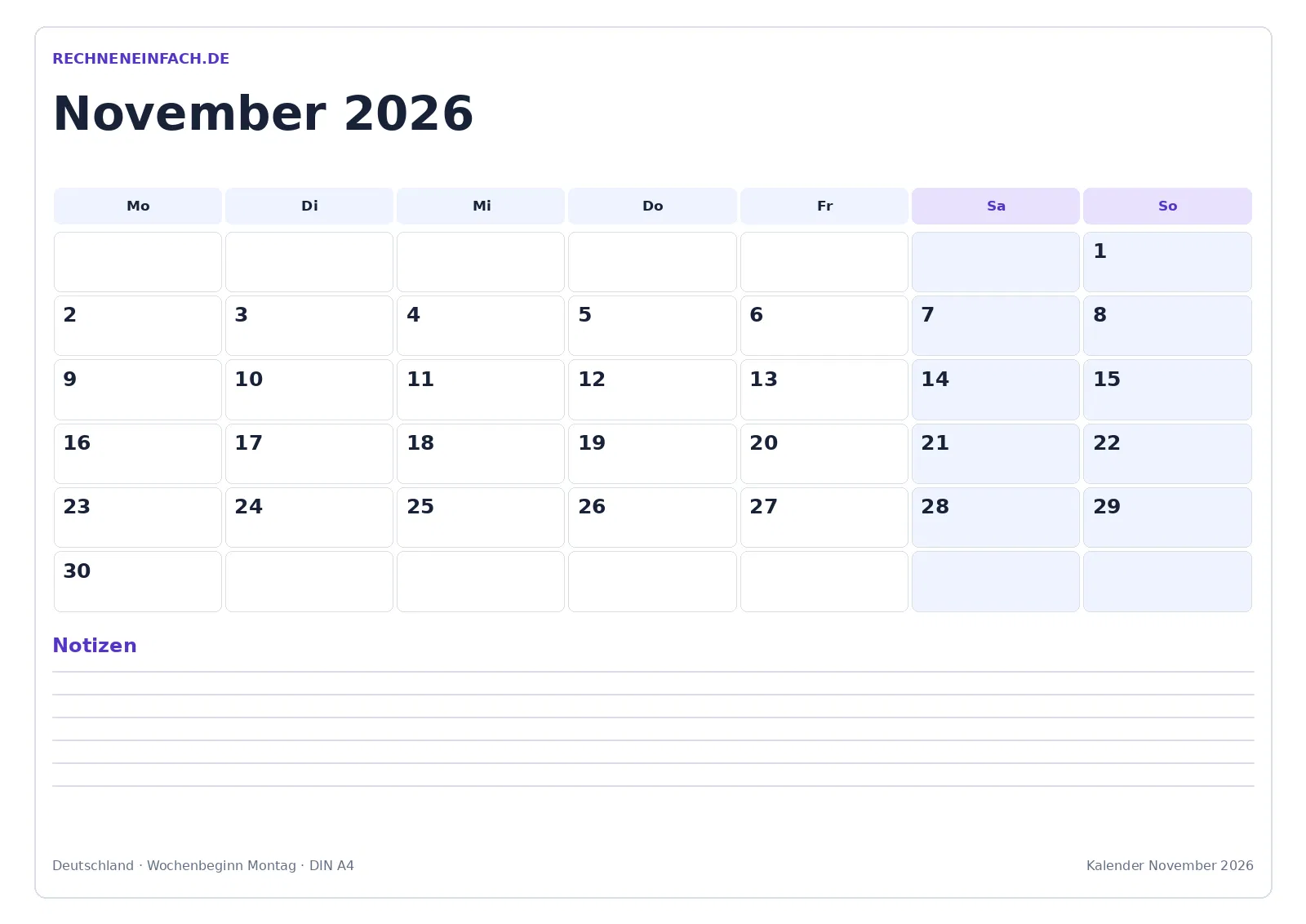 Kalender November 2026: Querformat mit Notizen