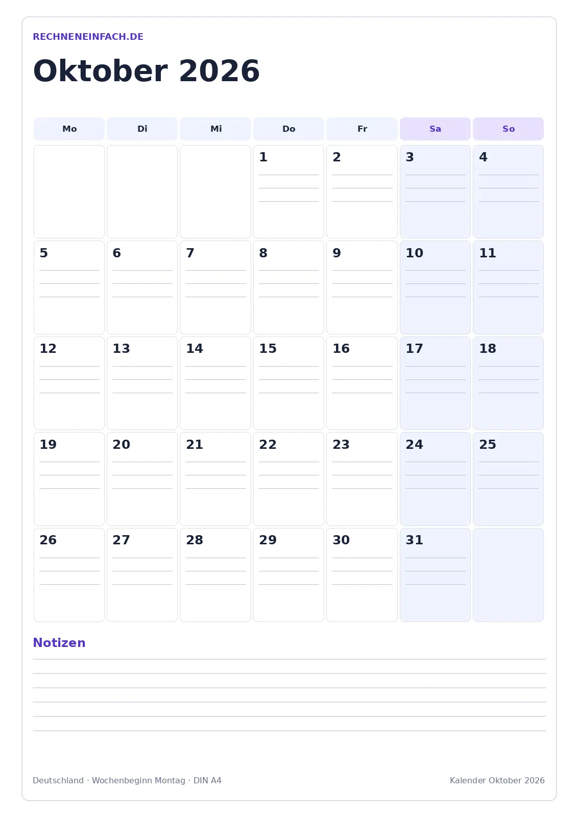 Kalender Oktober 2026: Hochformat mit Notizen