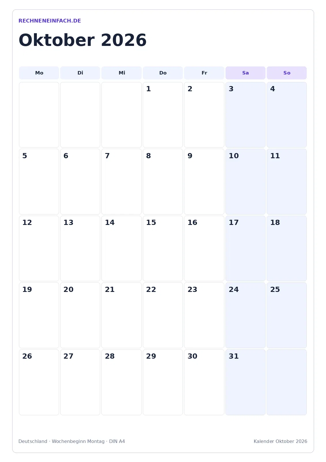 Kalender Oktober 2026: Hochformat