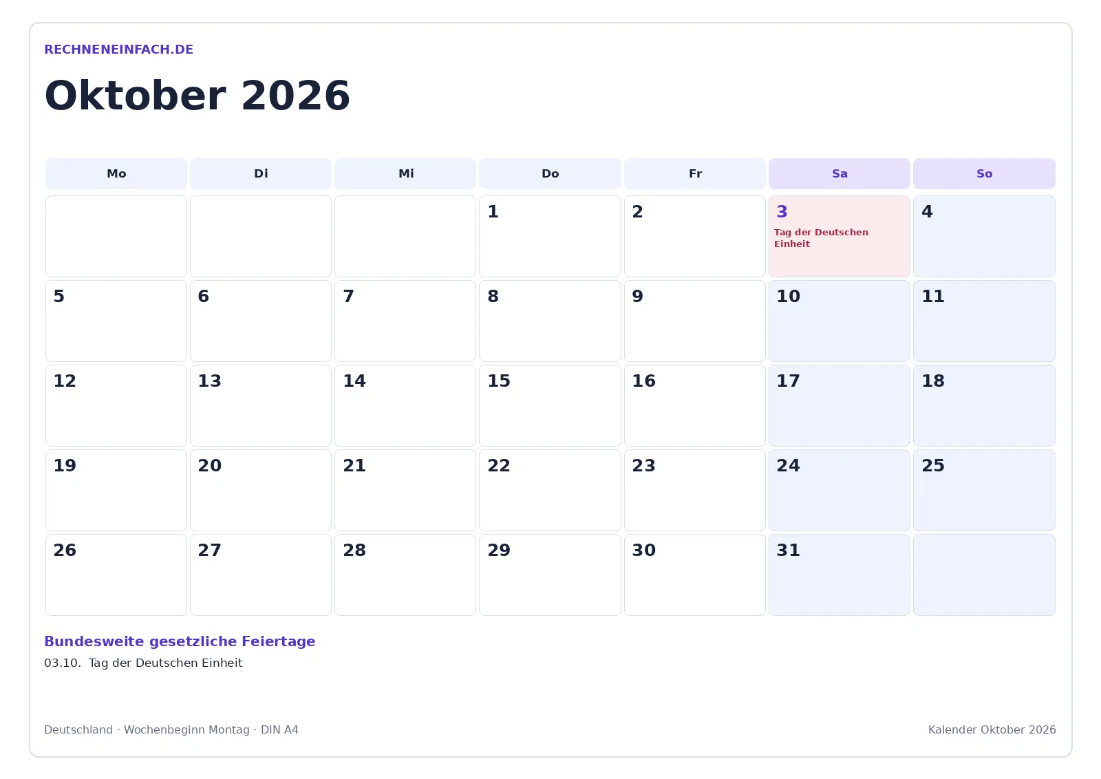 Kalender Oktober 2026: Mit Feiertagen
