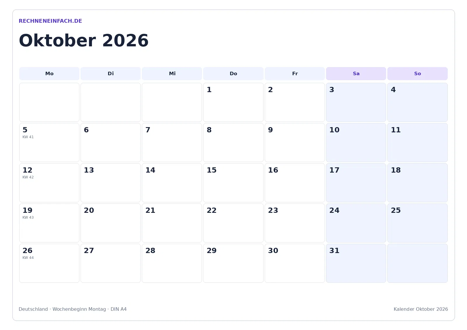 Kalender Oktober 2026: Mit Kalenderwochen