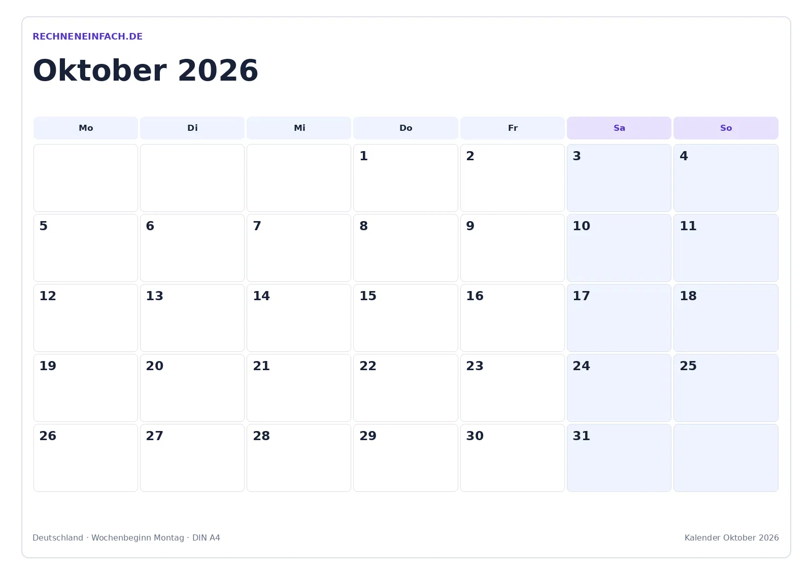 Kalender Oktober 2026: Wochenenden markiert