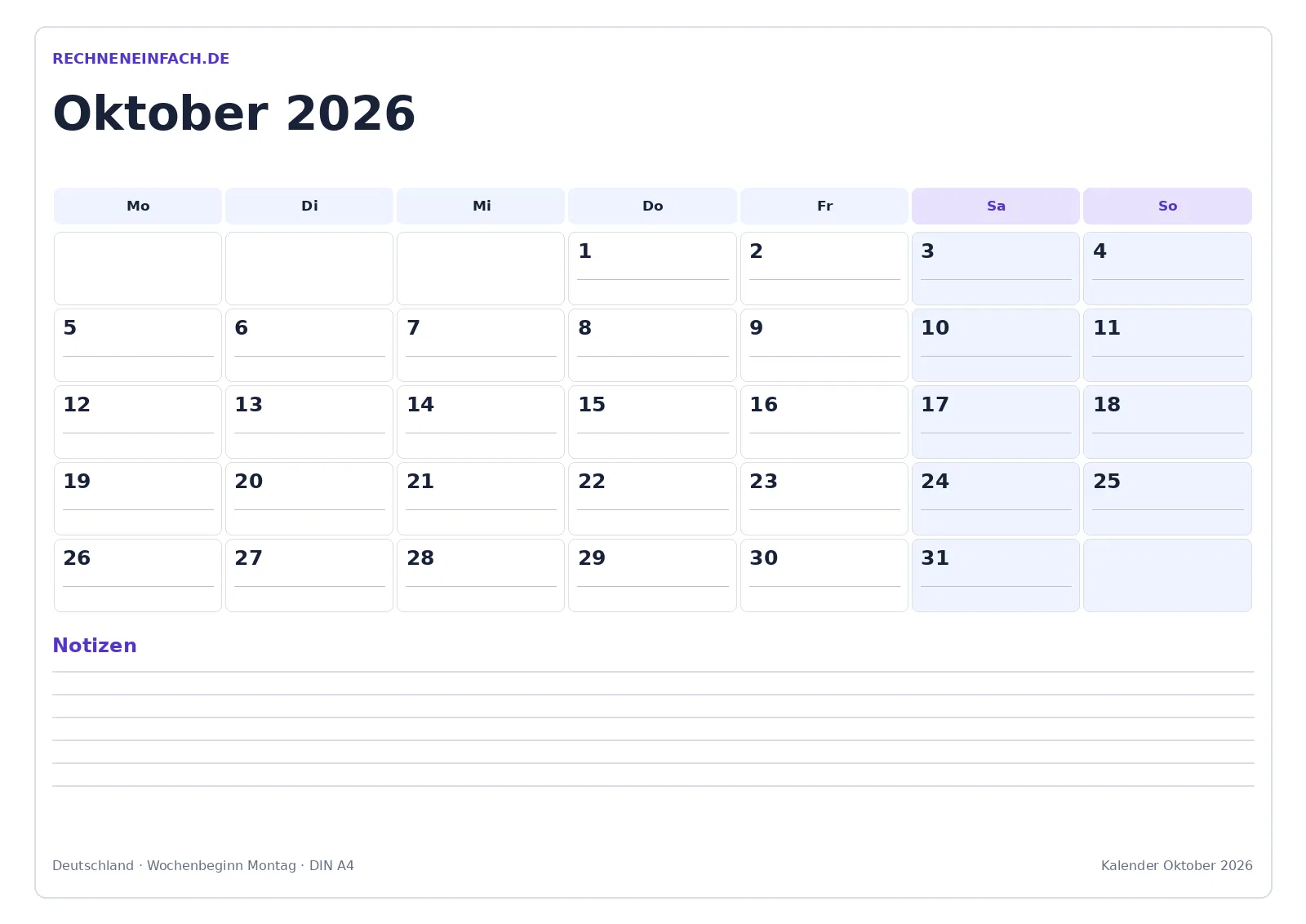 Kalender Oktober 2026: Querformat mit Notizen