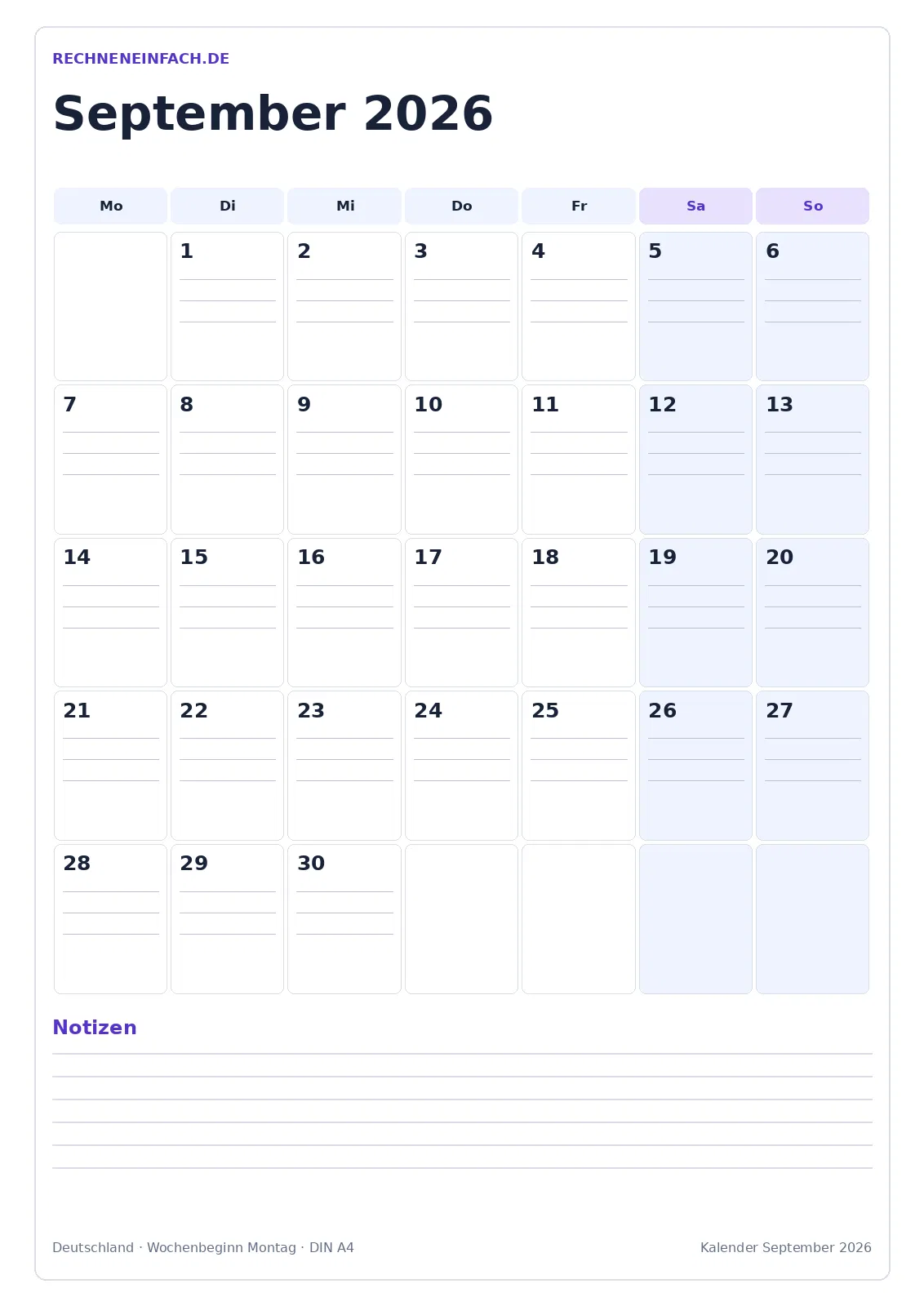 Kalender September 2026: Hochformat mit Notizen