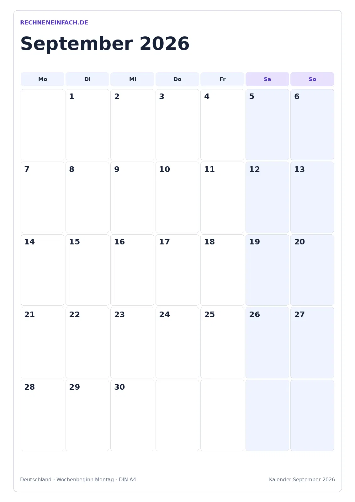 Kalender September 2026: Hochformat