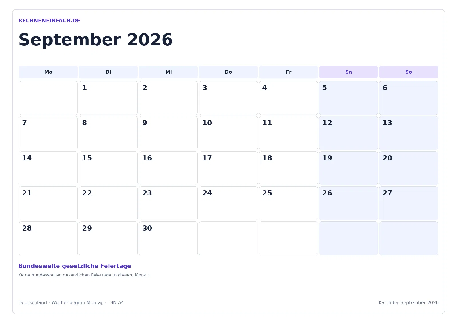 Kalender September 2026: Mit Feiertagen
