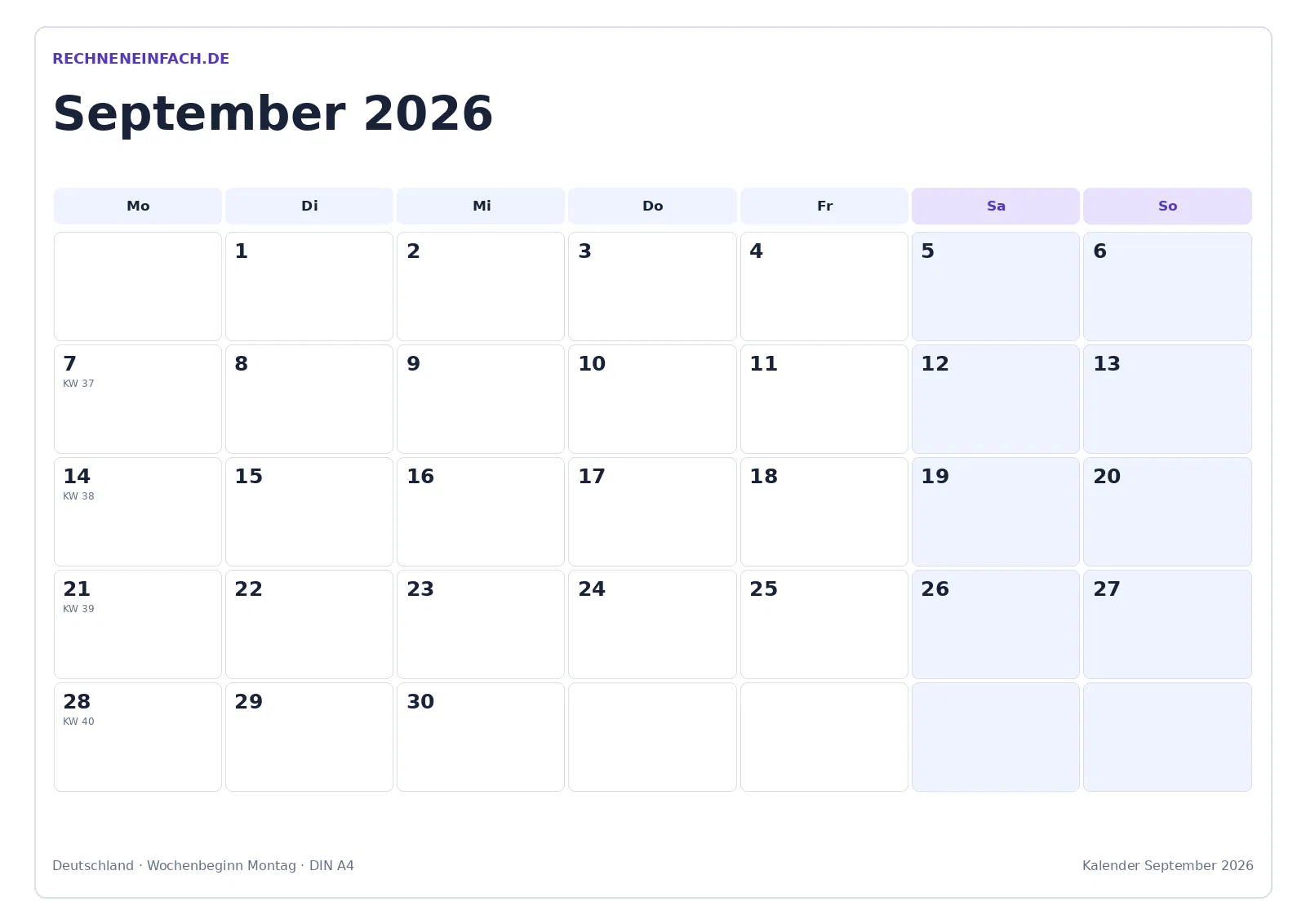 Kalender September 2026: Mit Kalenderwochen