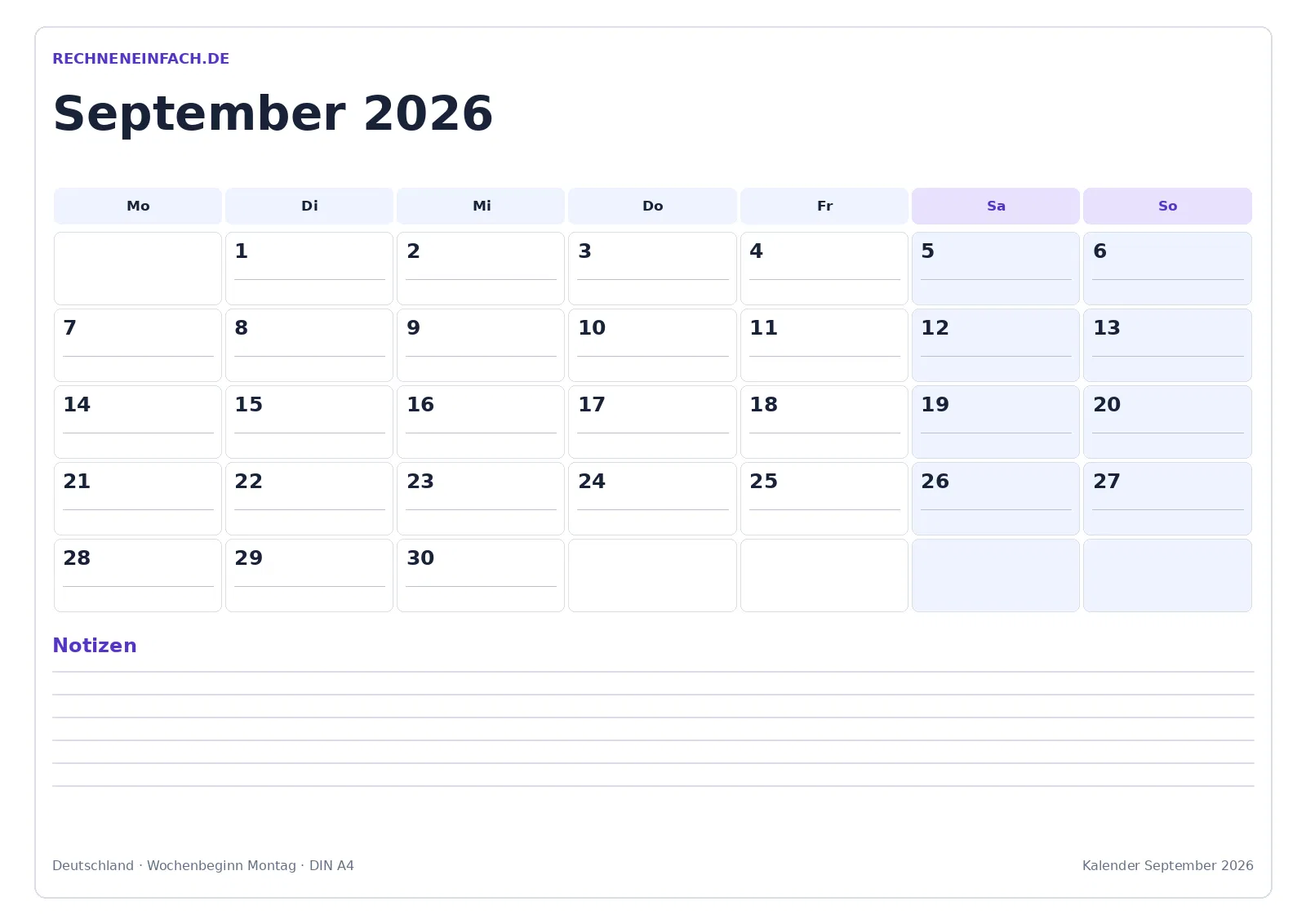 Kalender September 2026: Querformat mit Notizen