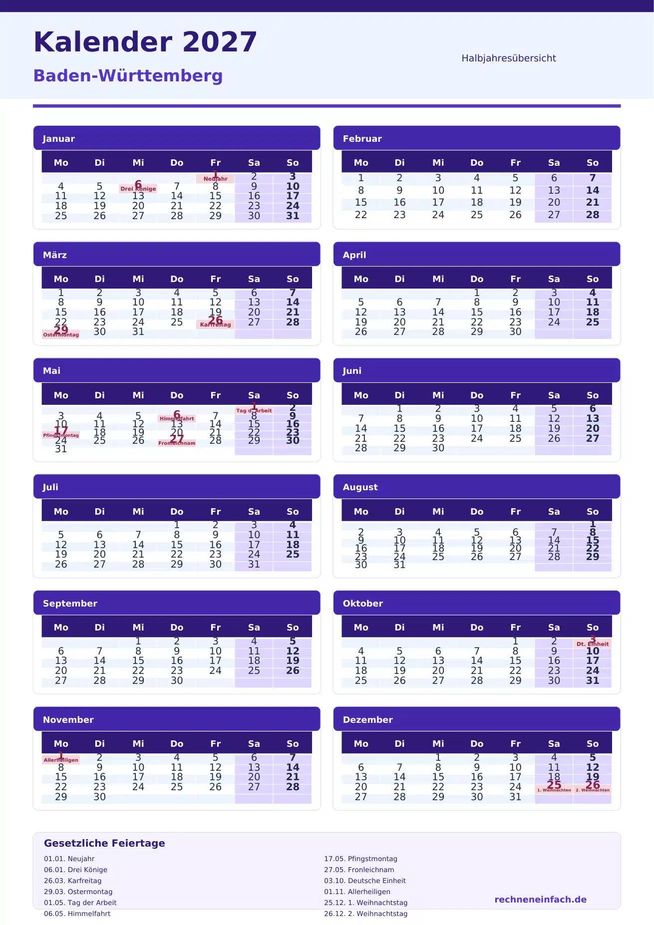 Kalender 2027 Baden-Württemberg Hochformat · nach Halbjahren Vorschau