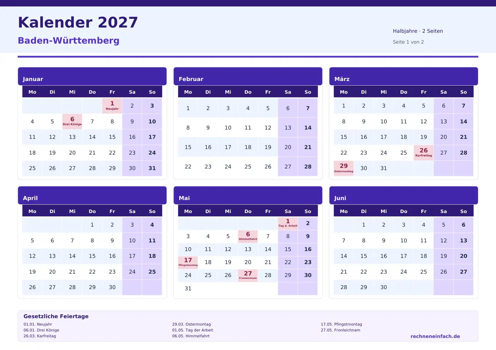 Kalender 2027 Baden-Württemberg Querformat · Halbjahre (2 Seiten) Vorschau