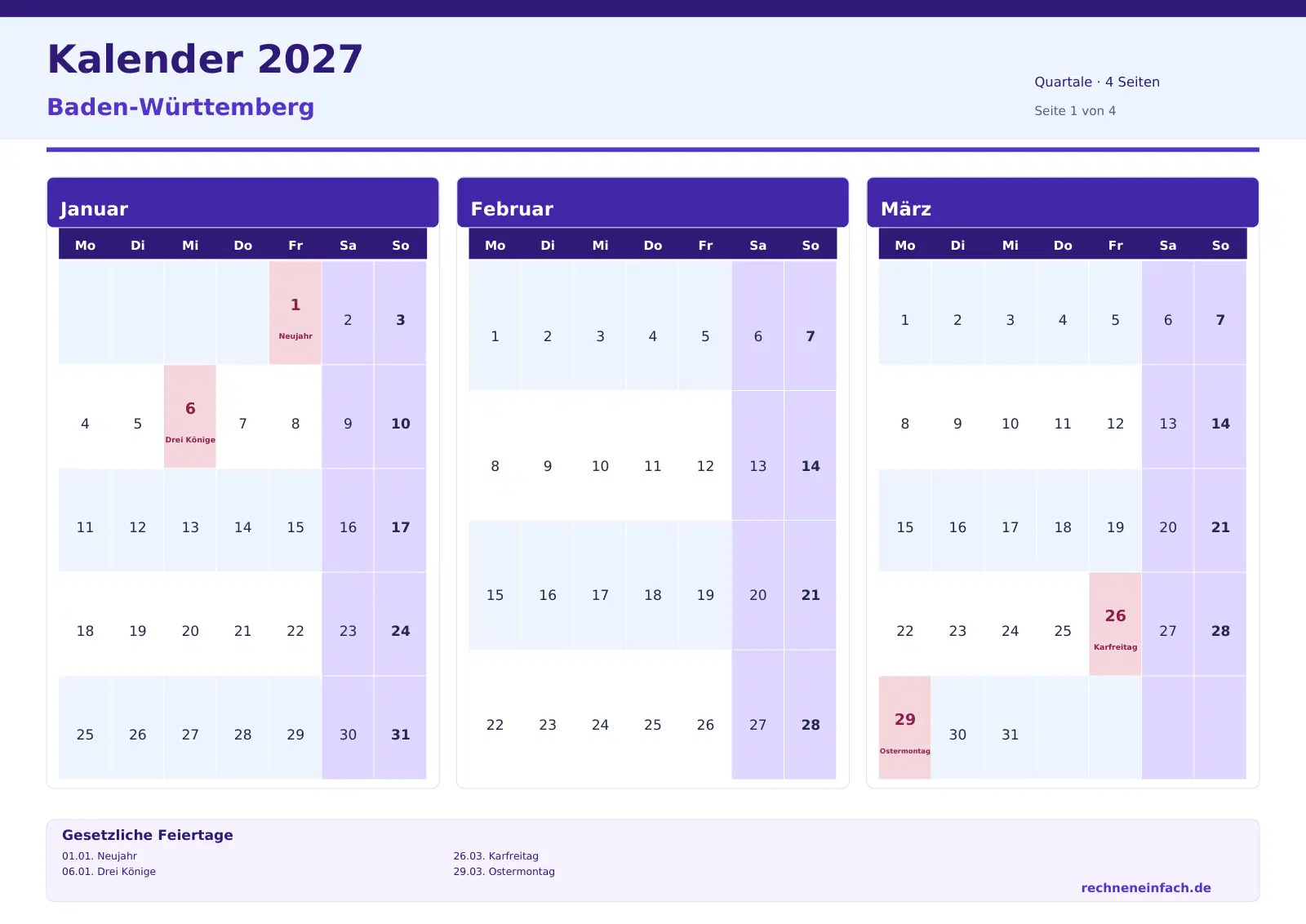 Kalender 2027 Baden-Württemberg Querformat · Quartale (4 Seiten) Vorschau