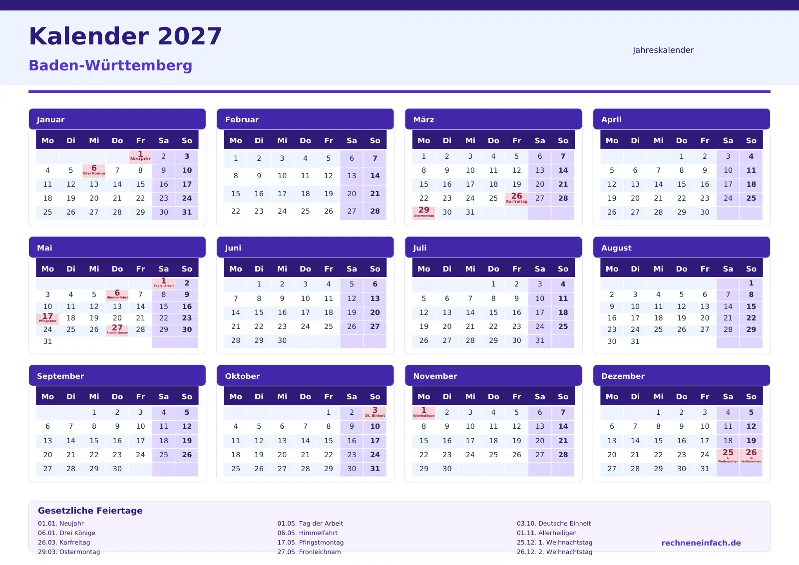 Kalender 2027 Baden-Württemberg Jahresübersicht im Querformat