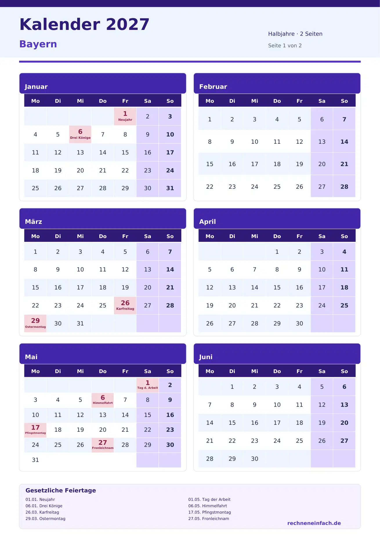 Kalender 2027 Bayern Hochformat · Halbjahre (2 Seiten) Vorschau