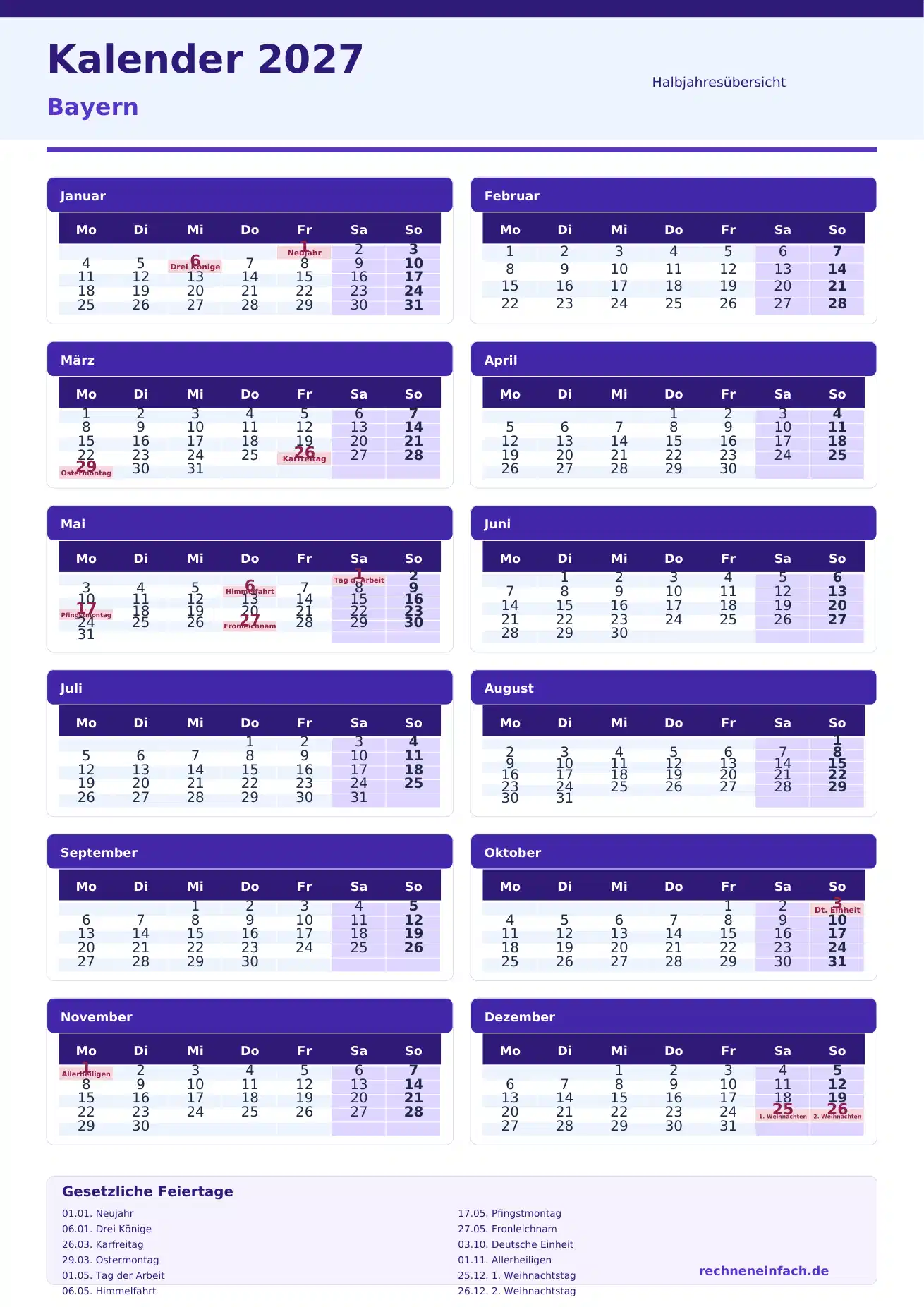 Kalender 2027 Bayern Hochformat · nach Halbjahren Vorschau