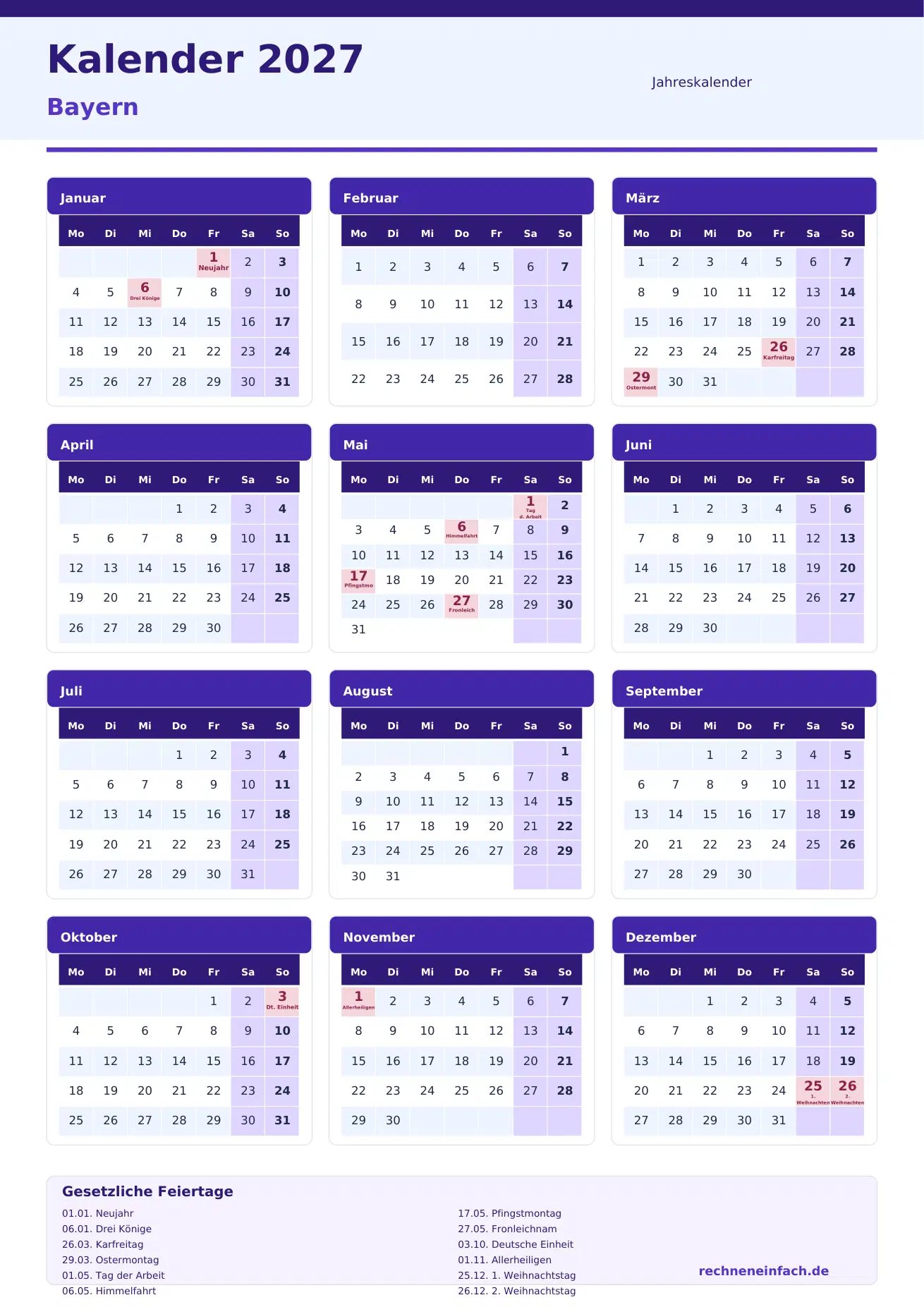 Kalender 2027 Bayern Hochformat · 1 Seite Vorschau