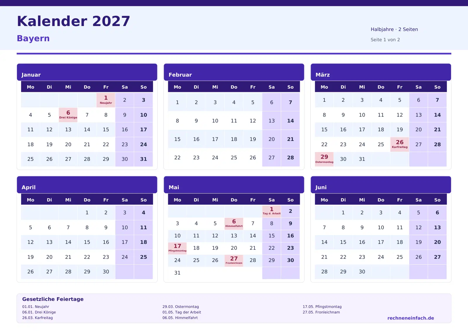 Kalender 2027 Bayern Querformat · Halbjahre (2 Seiten) Vorschau