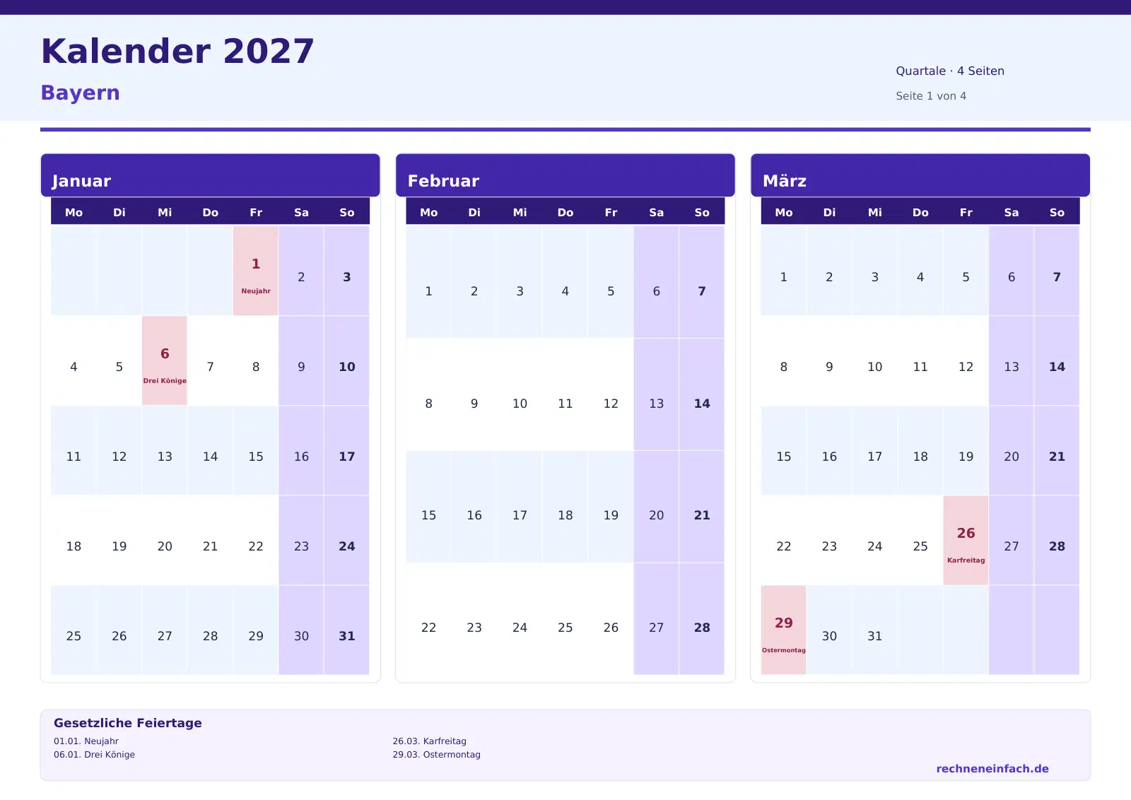 Kalender 2027 Bayern Querformat · Quartale (4 Seiten) Vorschau