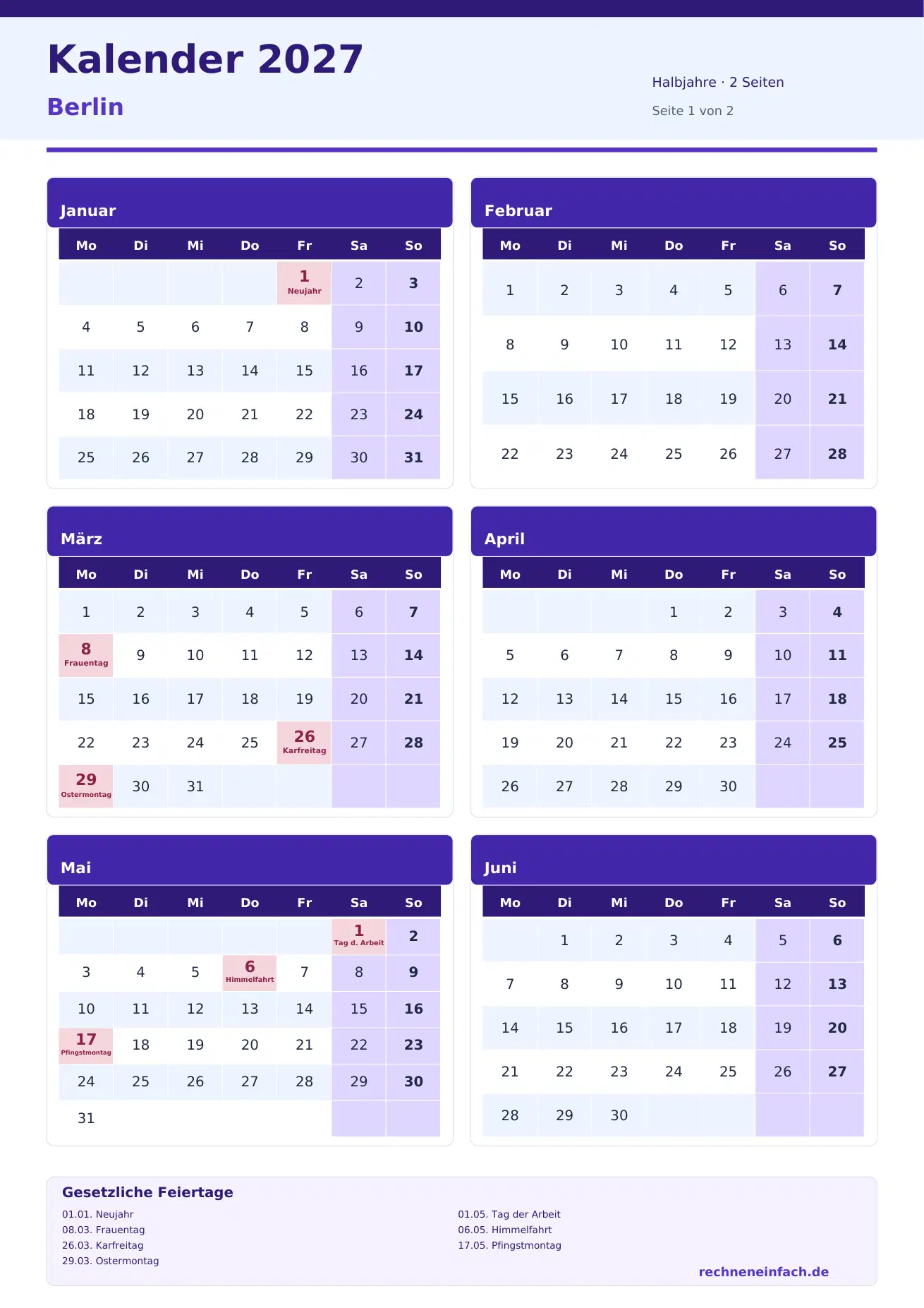 Kalender 2027 Berlin Hochformat · Halbjahre (2 Seiten) Vorschau