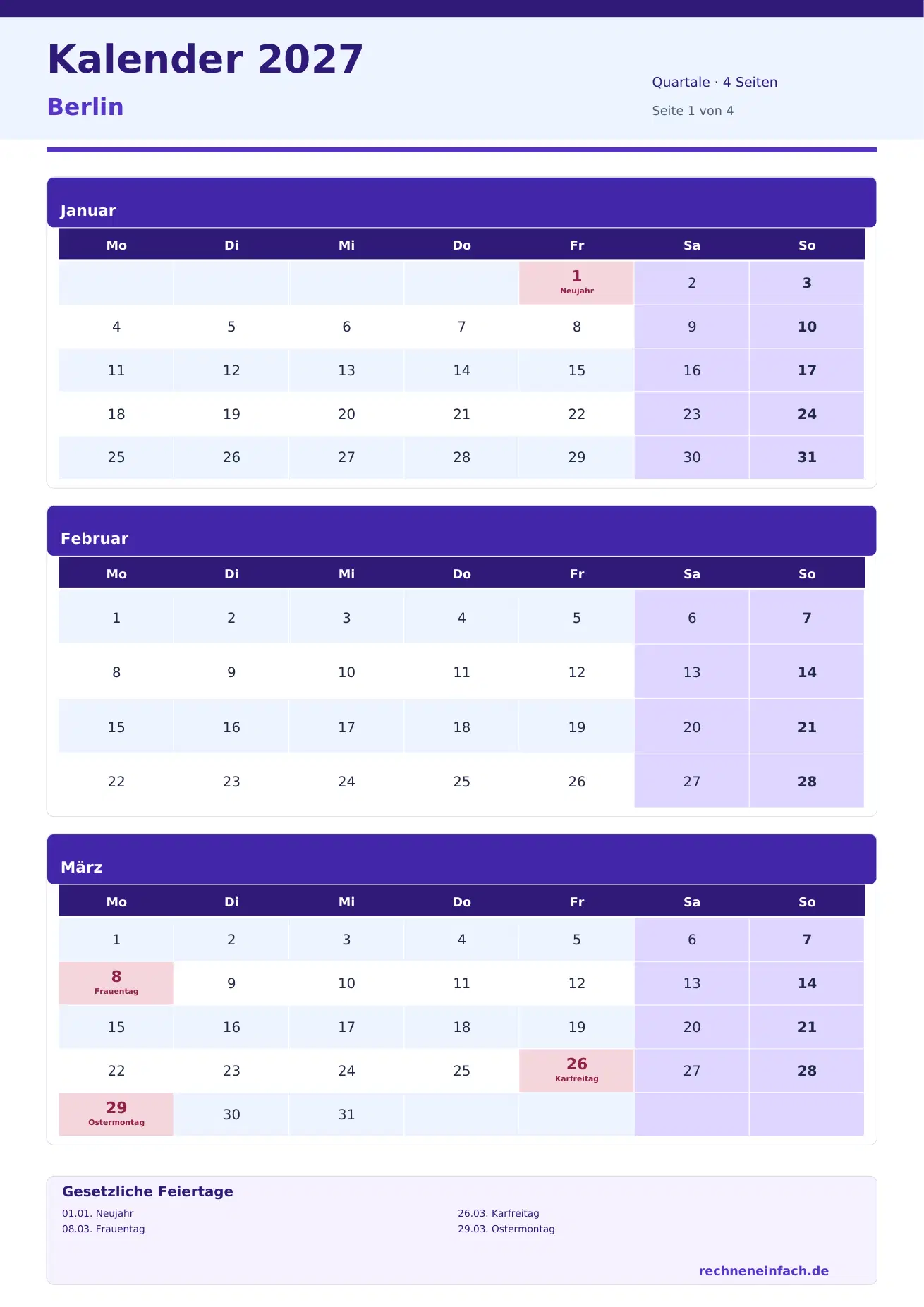 Kalender 2027 Berlin Hochformat · Quartale (4 Seiten) Vorschau