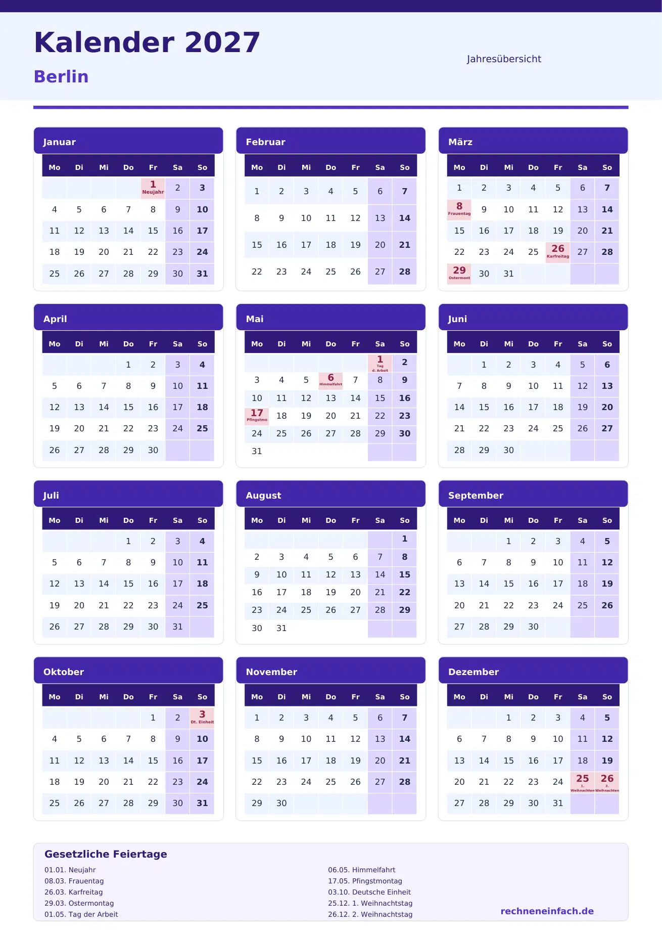 Kalender 2027 Berlin Hochformat · Jahresübersicht Vorschau