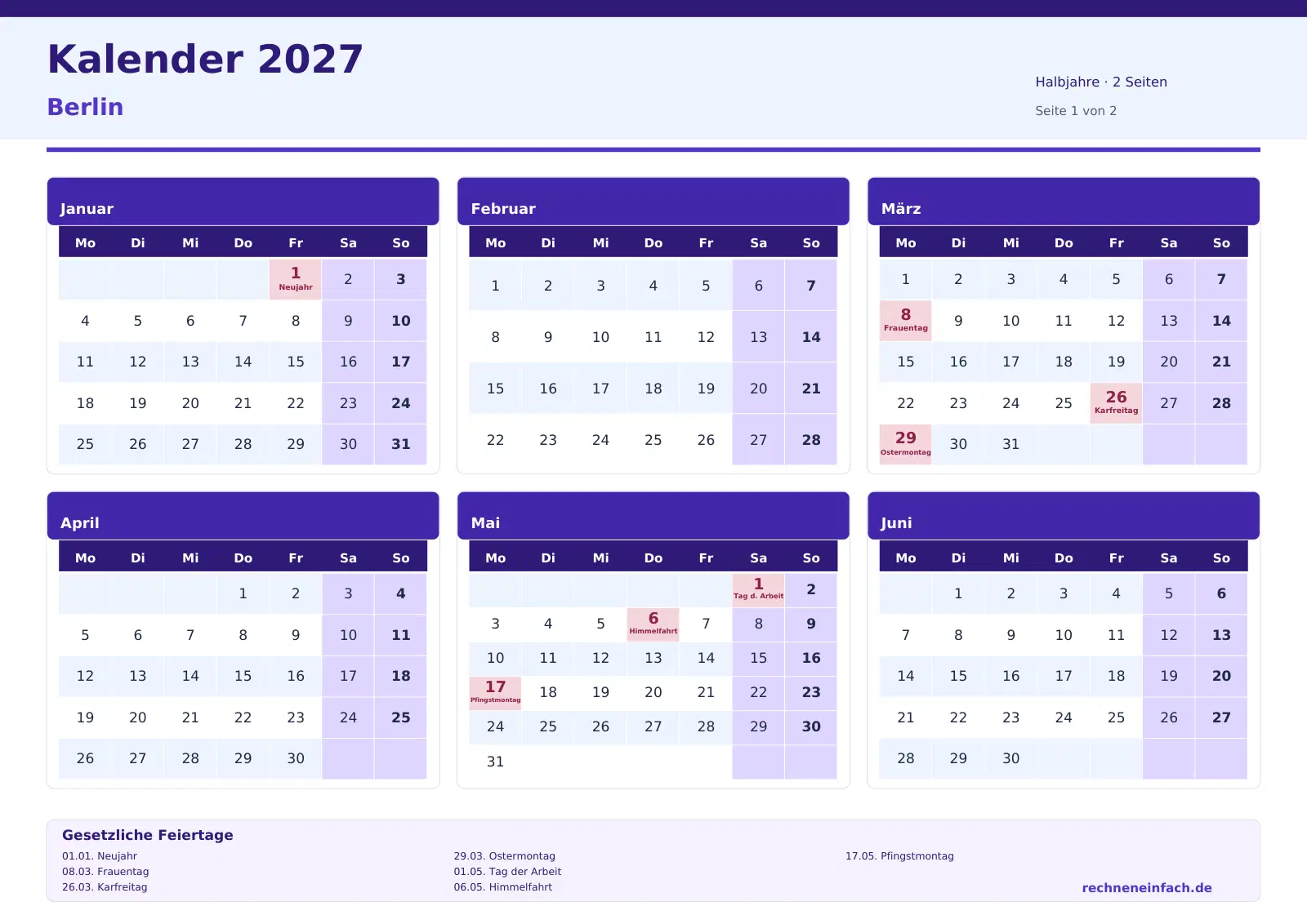 Kalender 2027 Berlin Querformat · Halbjahre (2 Seiten) Vorschau