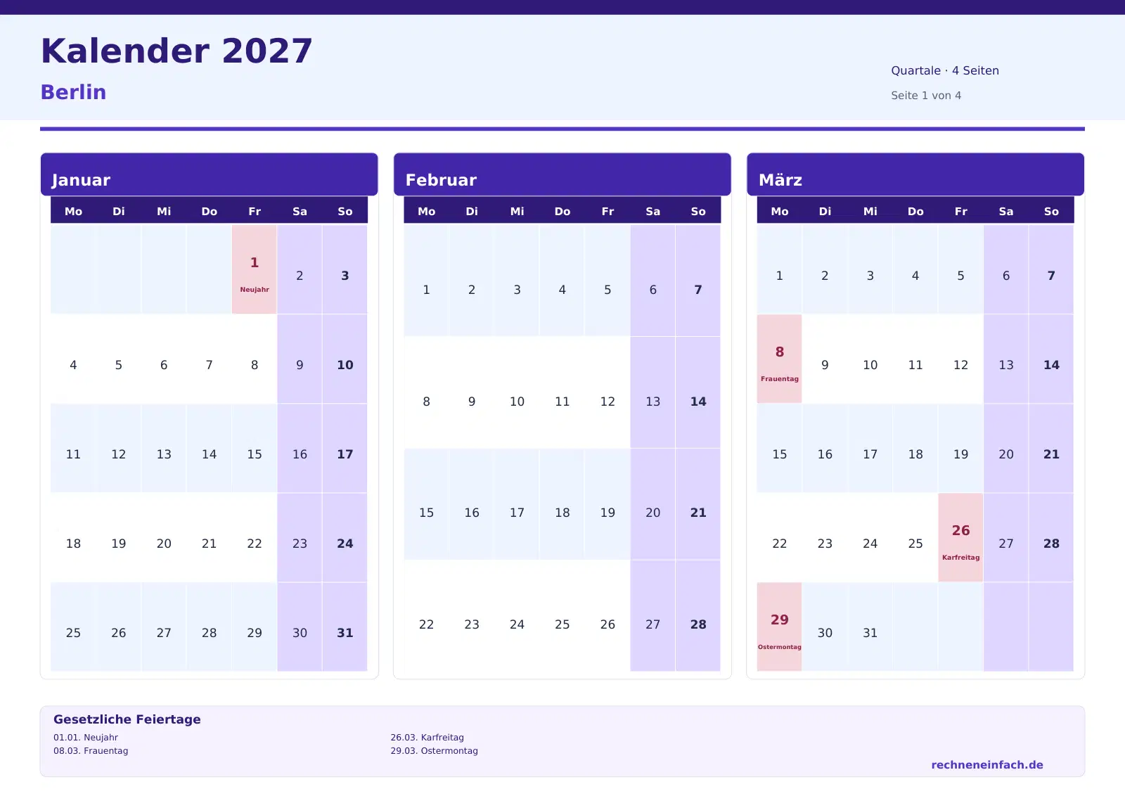 Kalender 2027 Berlin Querformat · Quartale (4 Seiten) Vorschau