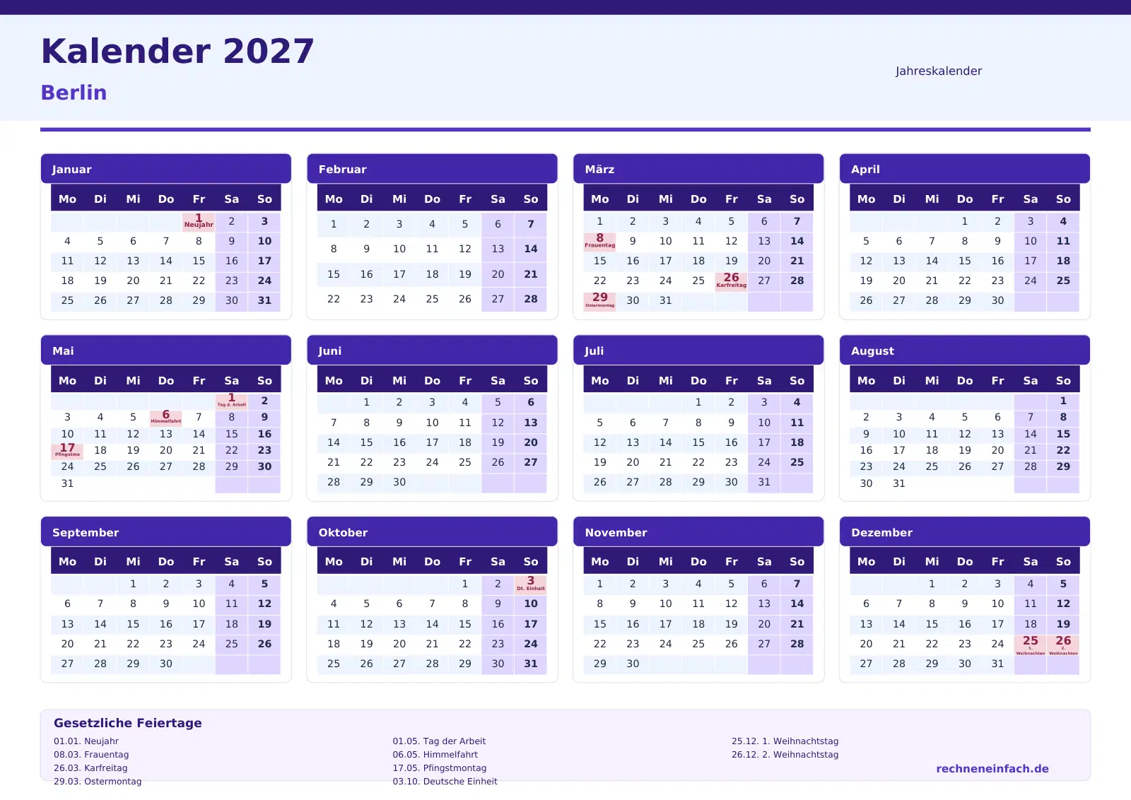 Kalender 2027 Berlin: 10 PDF-Vorlagen zum Ausdrucken und Bil 1 Kalender 2027 Berlin Jahresübersicht im Querformat