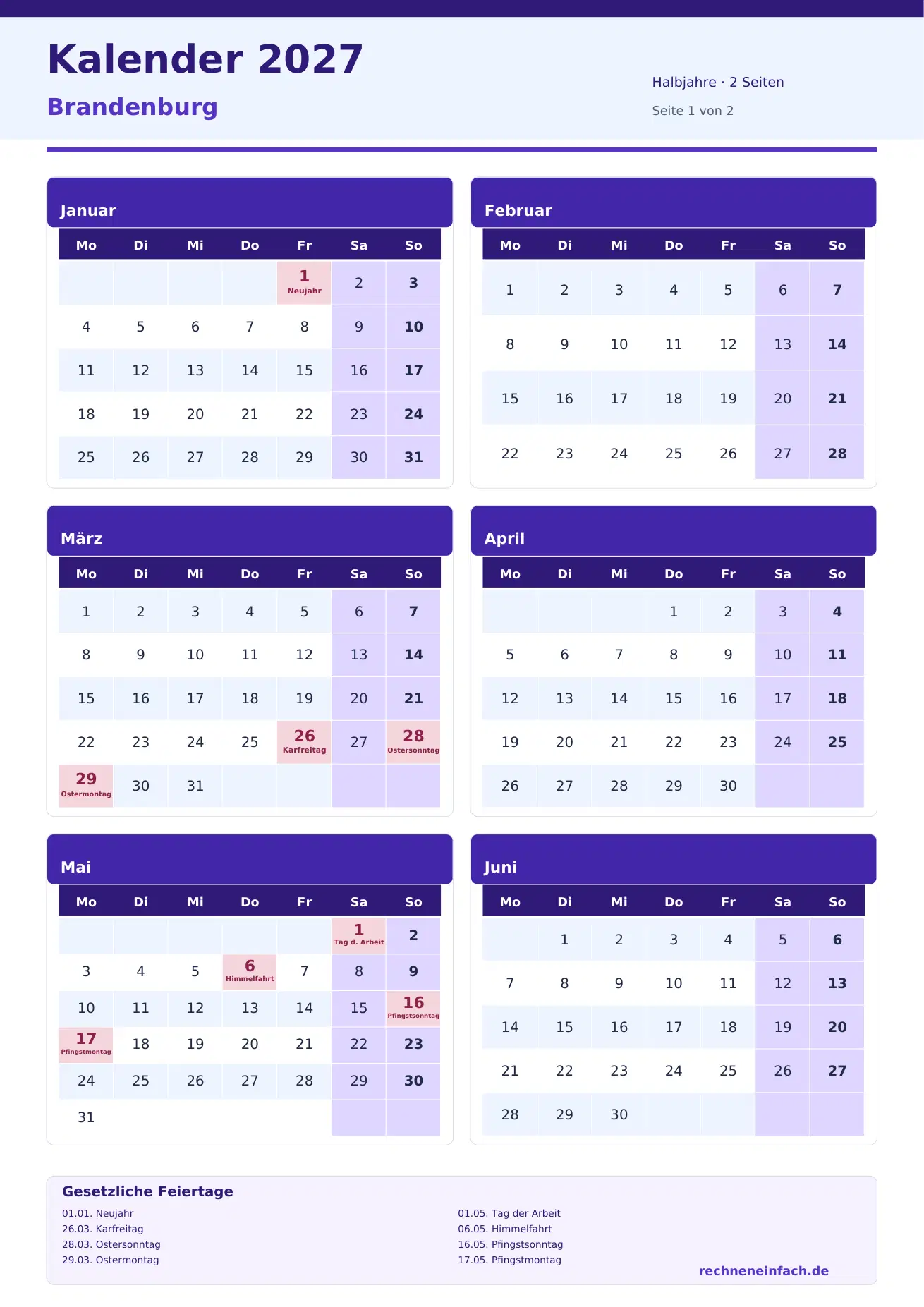 Kalender 2027 Brandenburg Hochformat · Halbjahre (2 Seiten) Vorschau