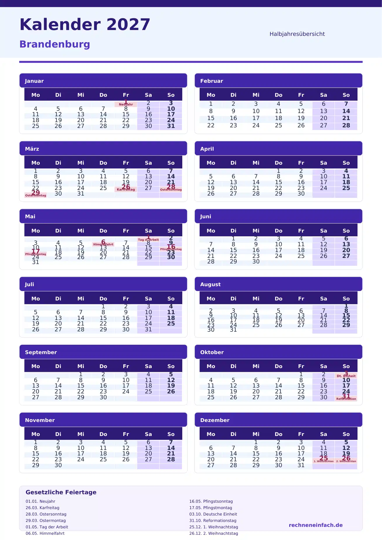 Kalender 2027 Brandenburg Hochformat · nach Halbjahren Vorschau