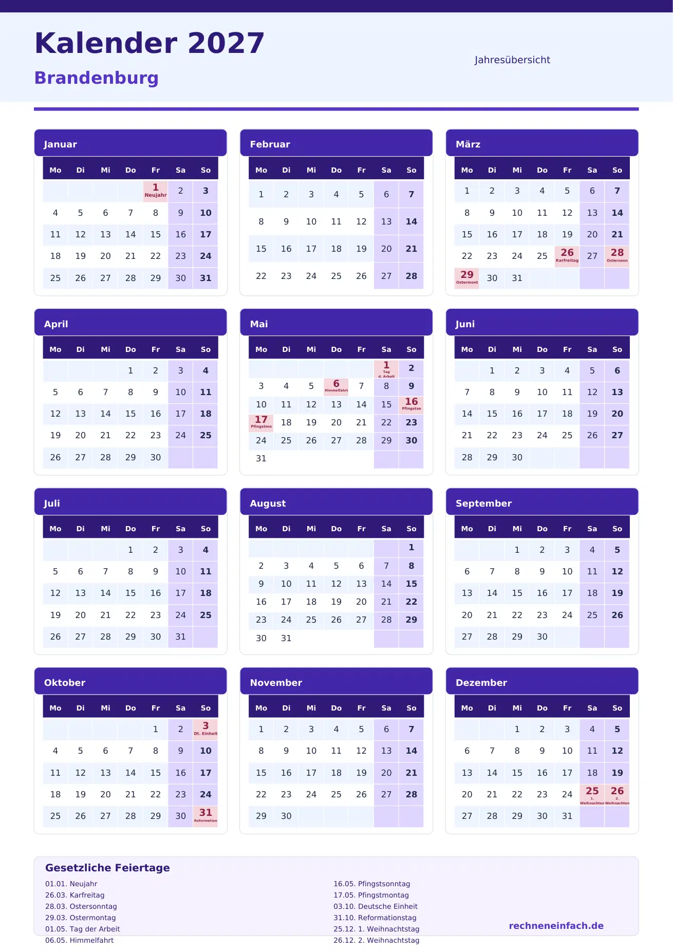Kalender 2027 Brandenburg Hochformat · Jahresübersicht Vorschau