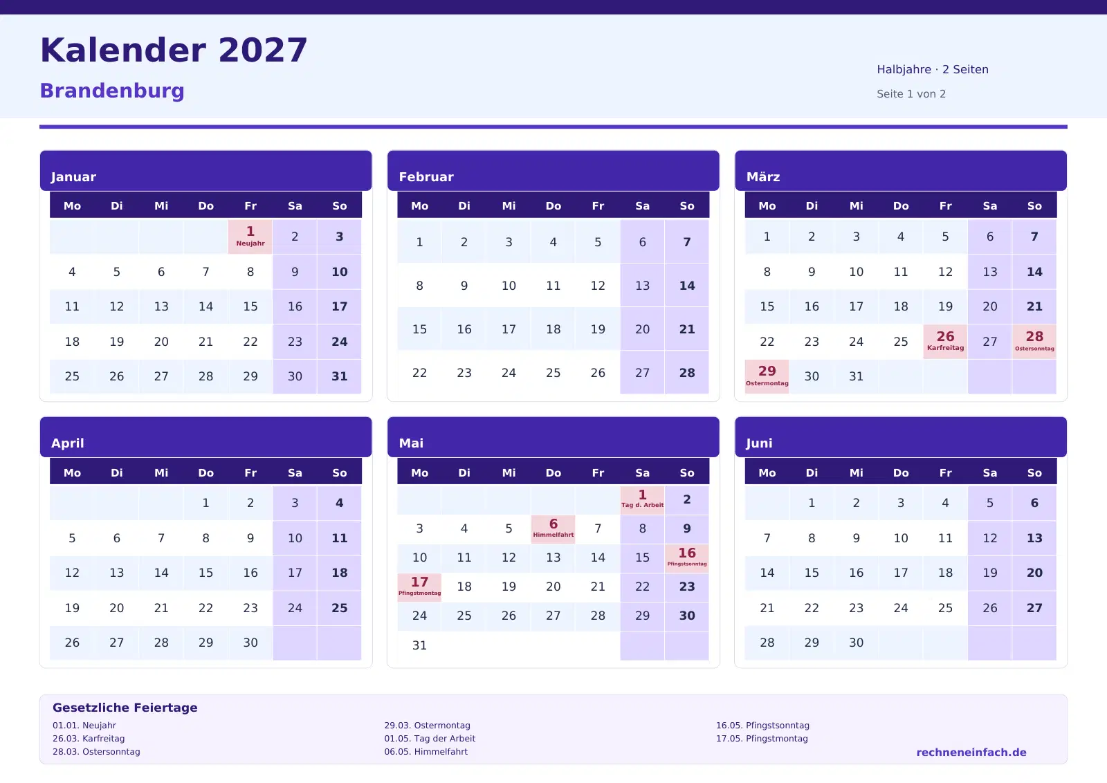 Kalender 2027 Brandenburg Querformat · Halbjahre (2 Seiten) Vorschau