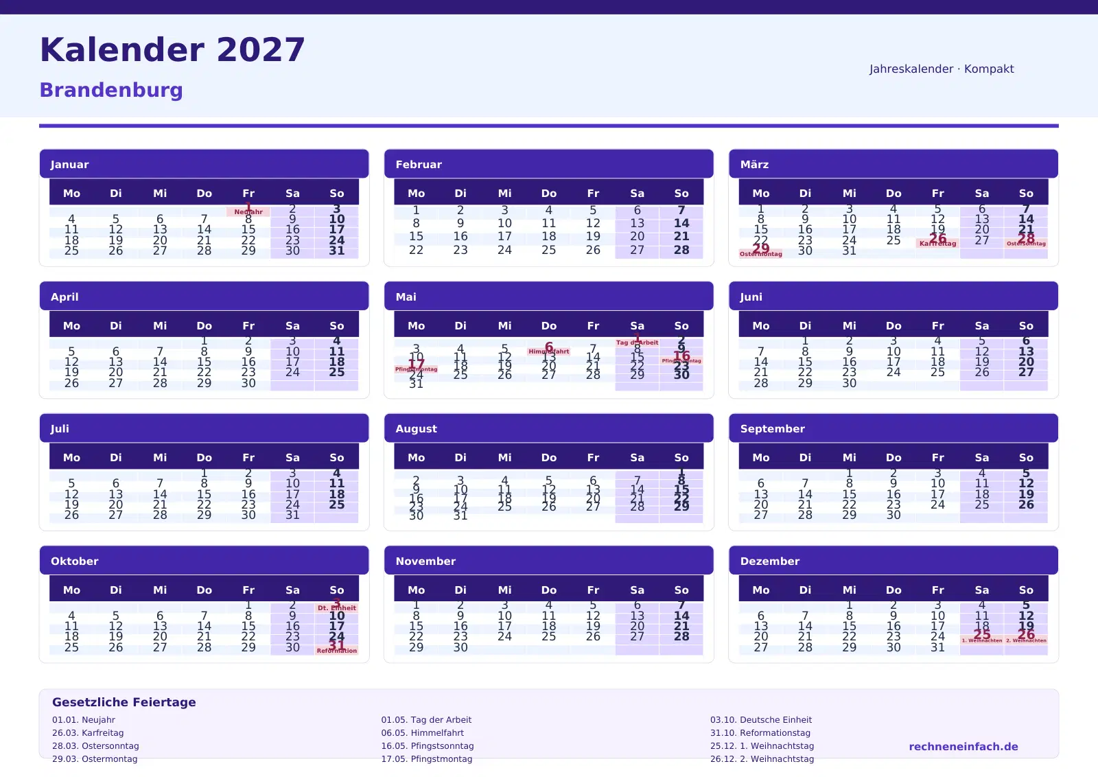 Kalender 2027 Brandenburg Querformat · Tage linear Vorschau