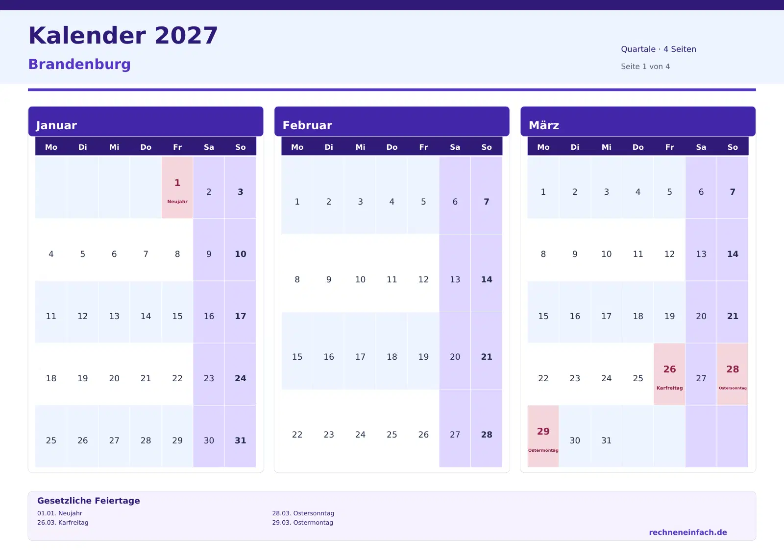 Kalender 2027 Brandenburg Querformat · Quartale (4 Seiten) Vorschau