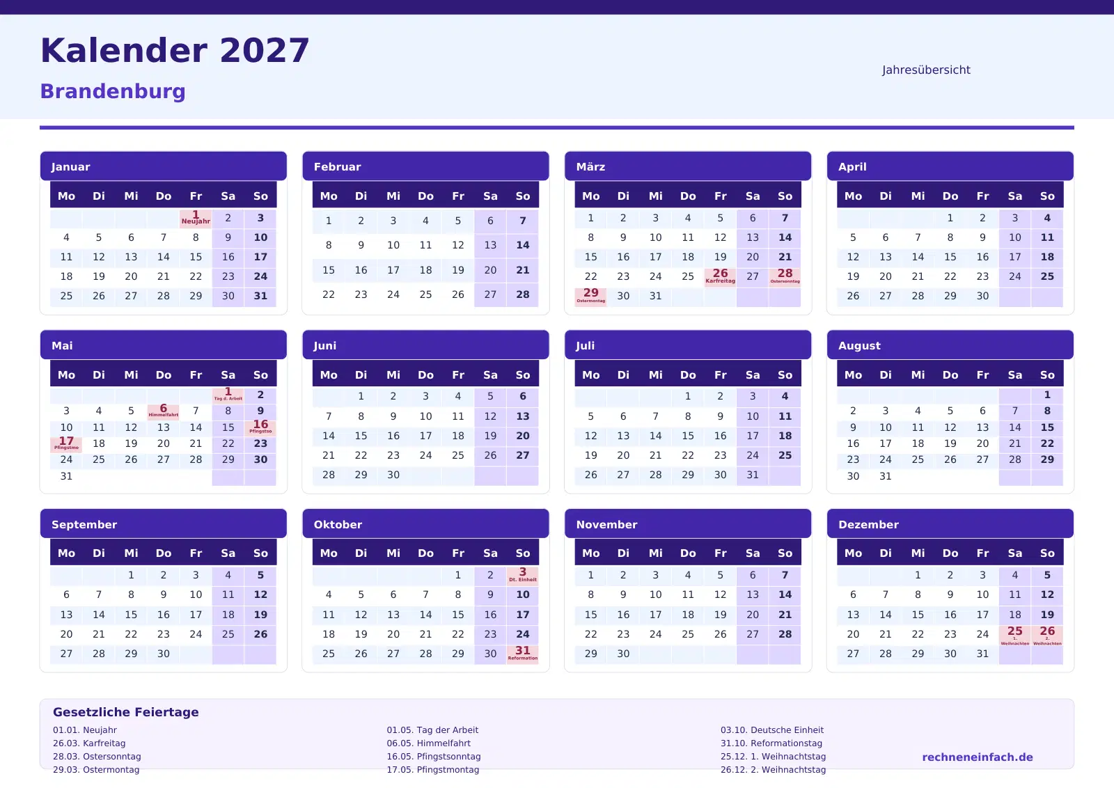 Kalender 2027 Brandenburg Querformat · Jahresübersicht Vorschau