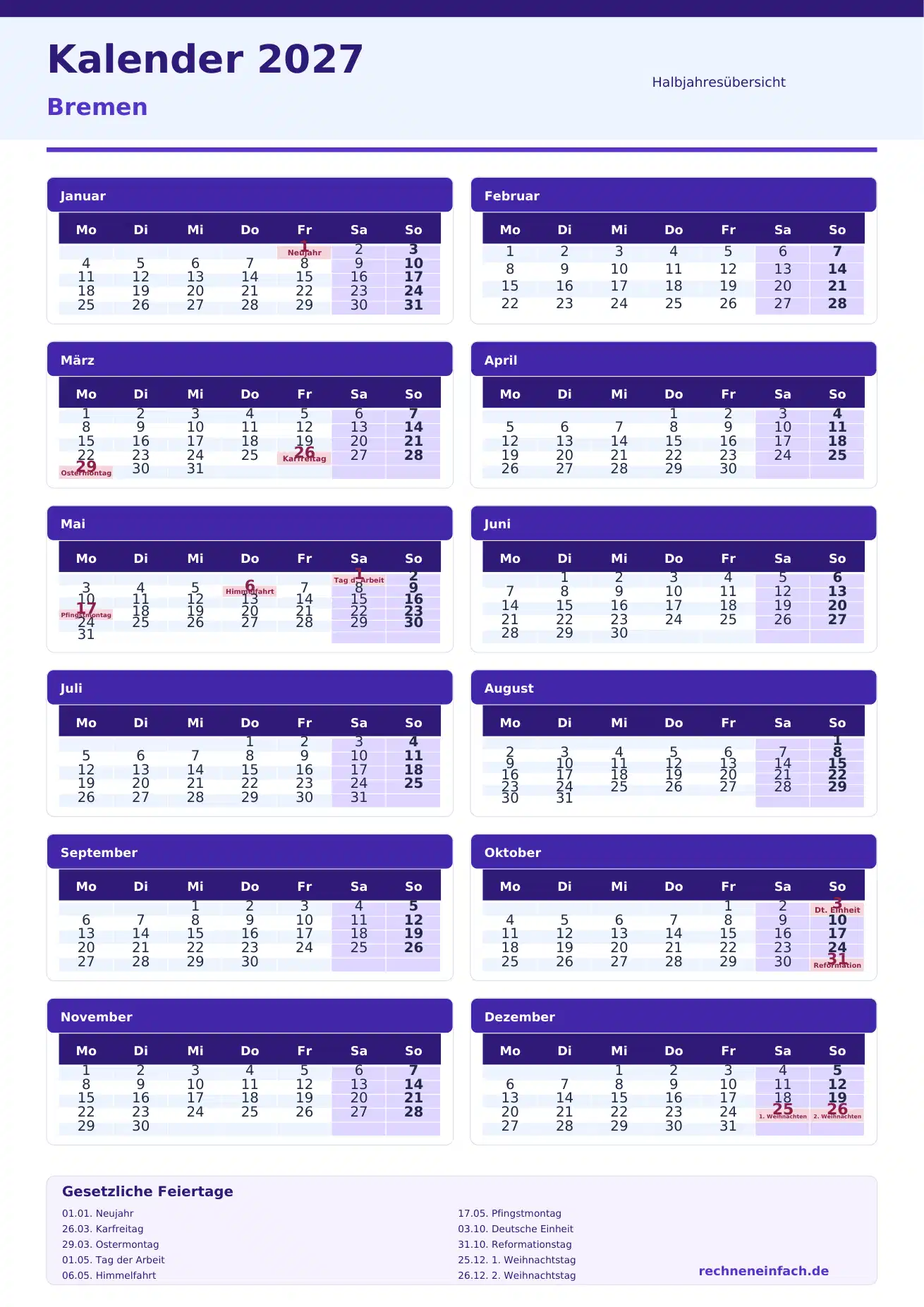 Kalender 2027 Bremen Hochformat · nach Halbjahren Vorschau