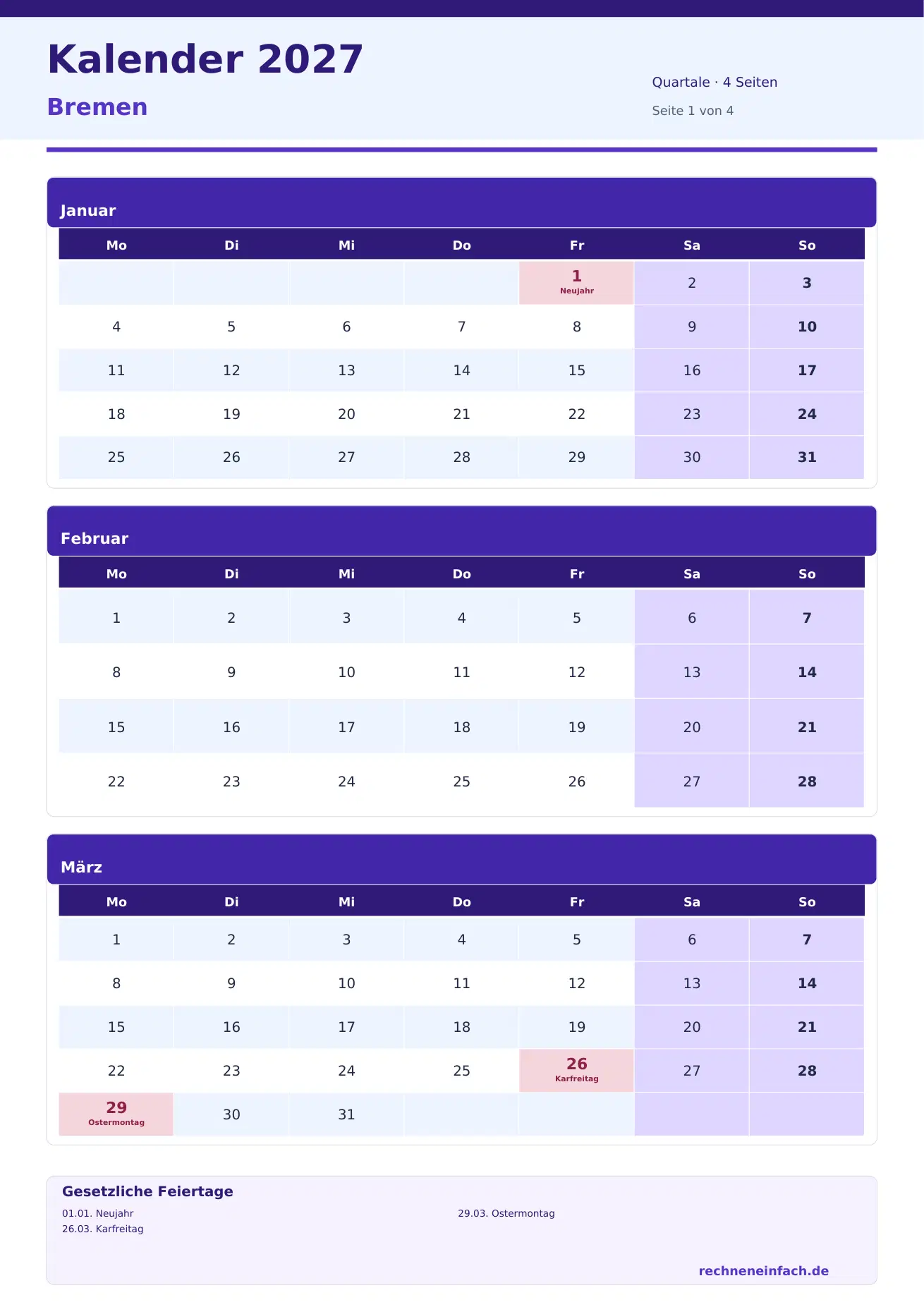 Kalender 2027 Bremen Hochformat · Quartale (4 Seiten) Vorschau