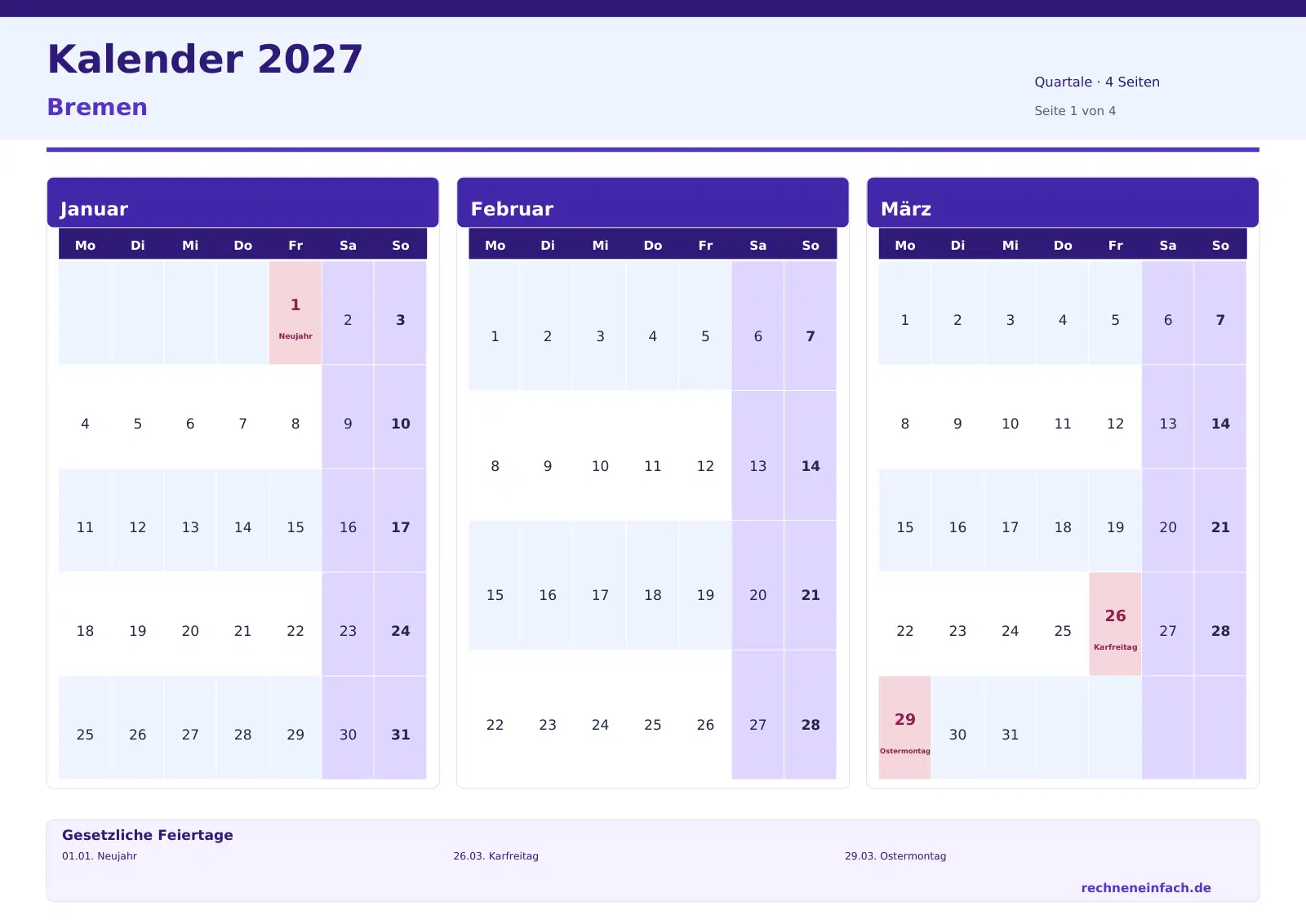 Kalender 2027 Bremen Querformat · Quartale (4 Seiten) Vorschau