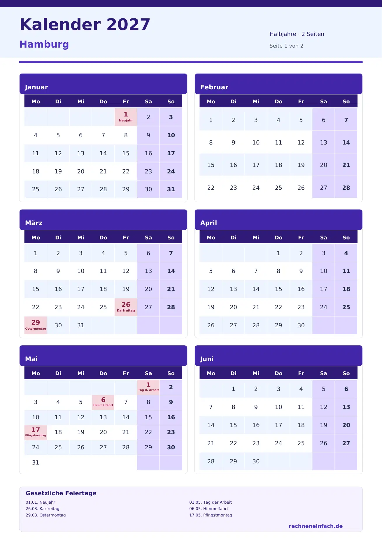 Kalender 2027 Hamburg Hochformat · Halbjahre (2 Seiten) Vorschau