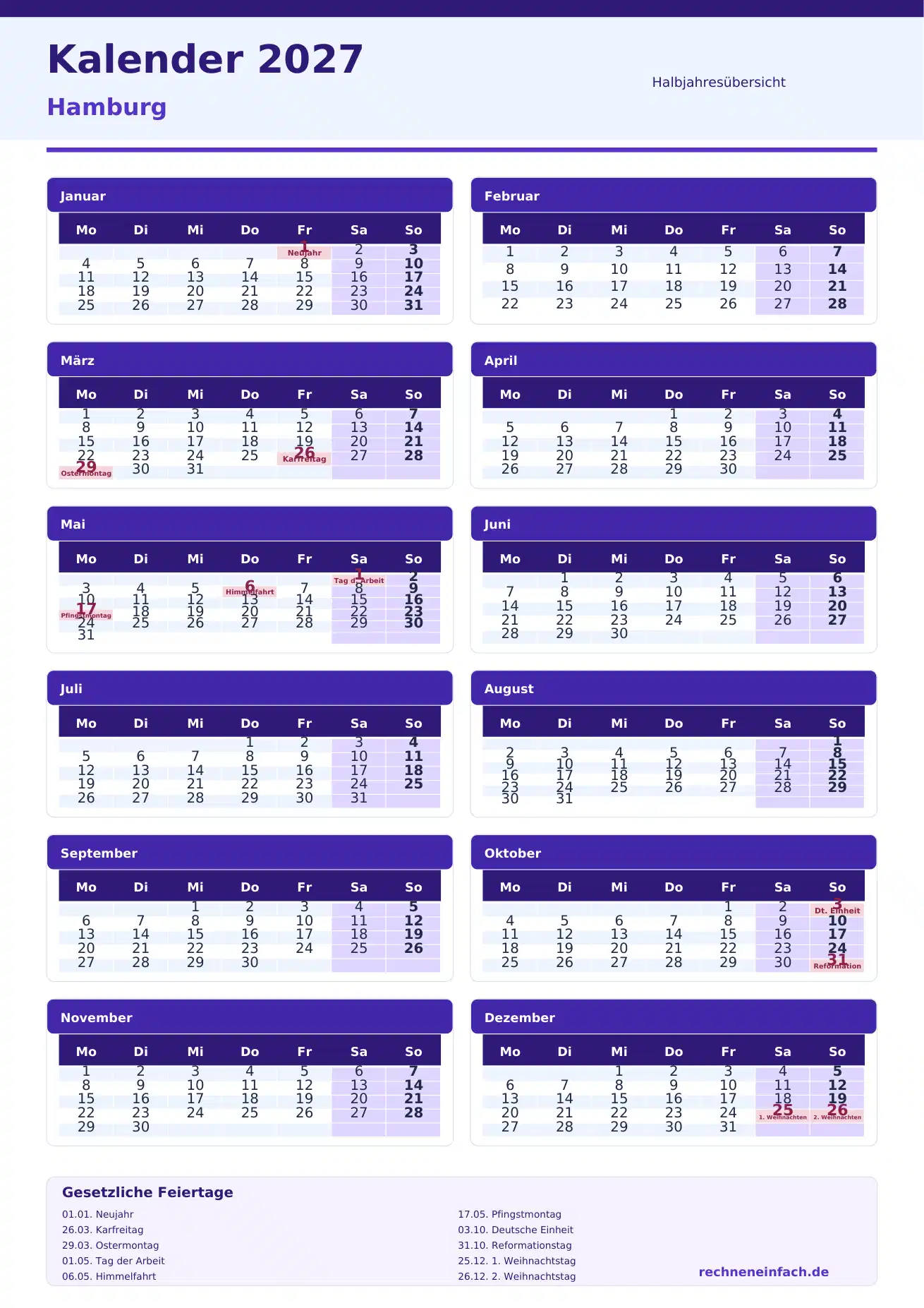 Kalender 2027 Hamburg Hochformat · nach Halbjahren Vorschau