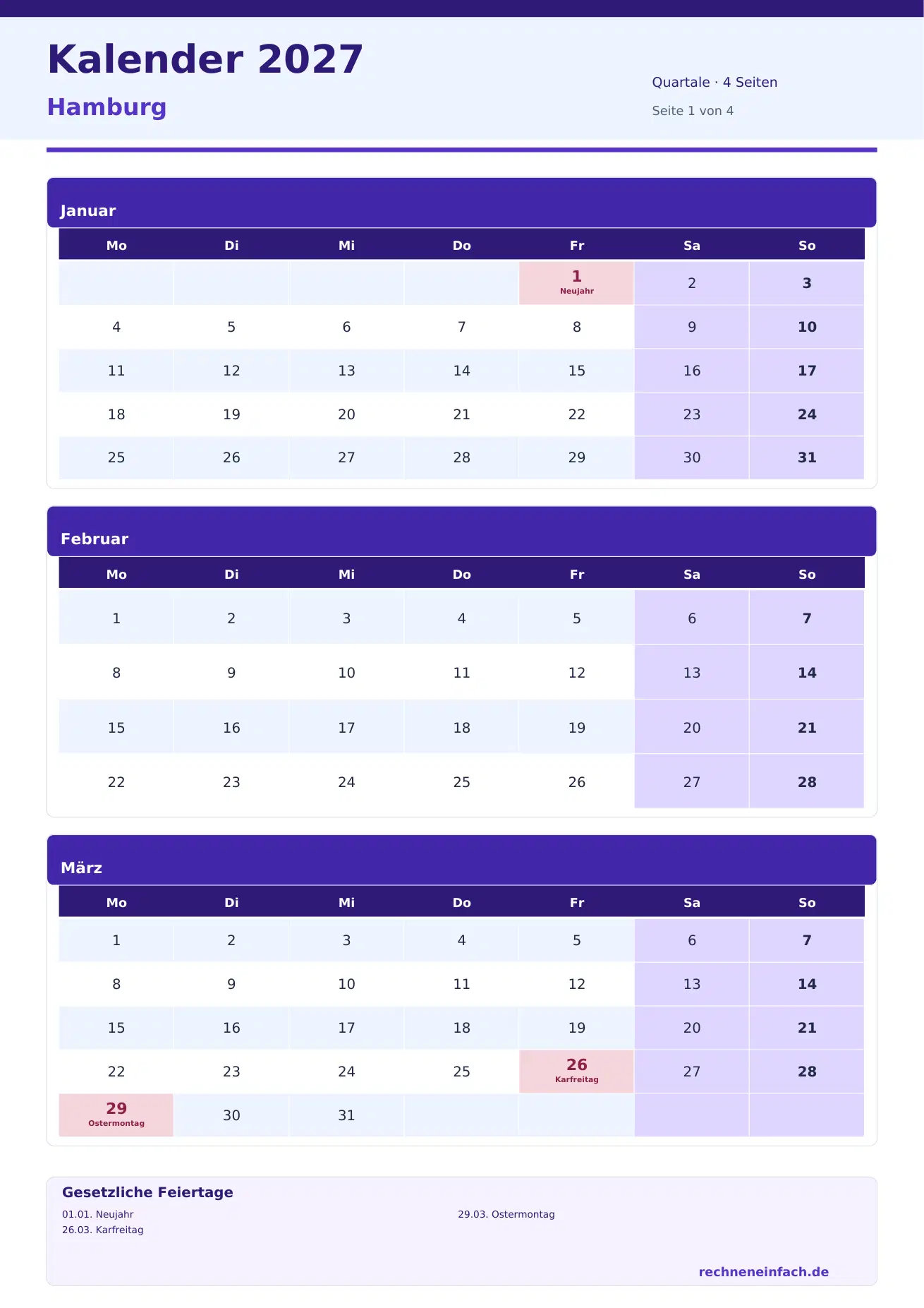 Kalender 2027 Hamburg Hochformat · Quartale (4 Seiten) Vorschau