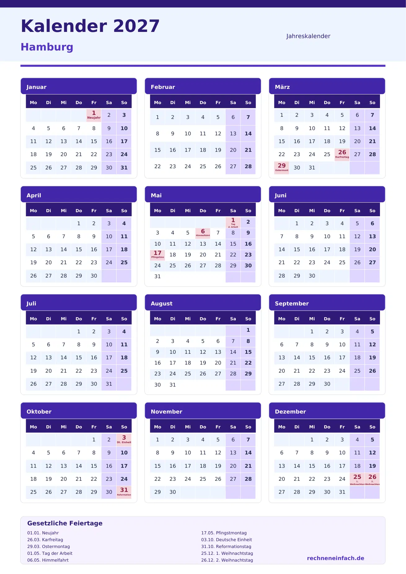 Kalender 2027 Hamburg Hochformat · 1 Seite Vorschau