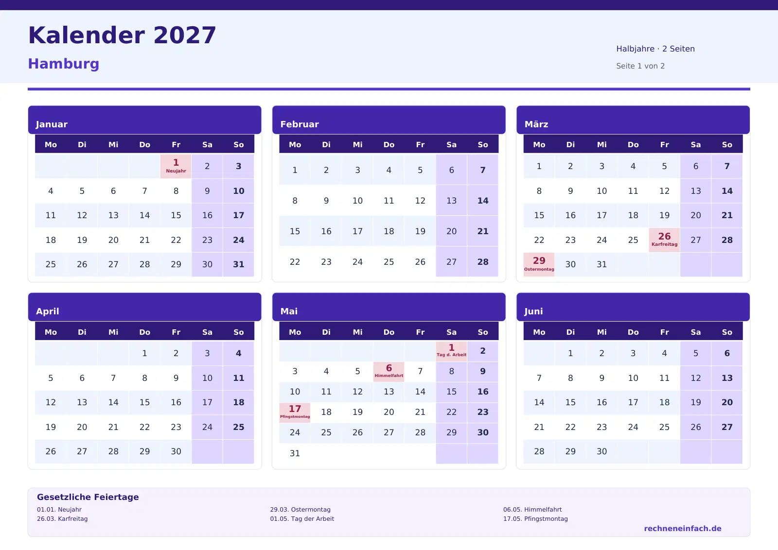 Kalender 2027 Hamburg Querformat · Halbjahre (2 Seiten) Vorschau