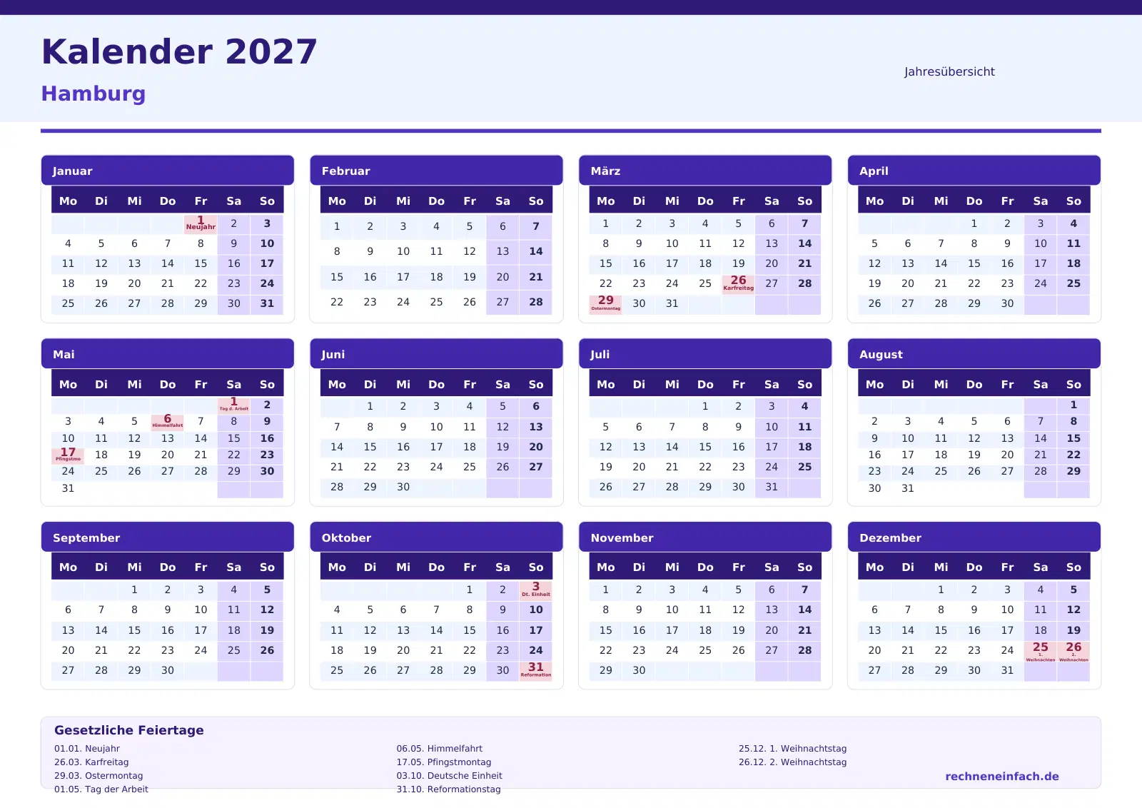 Kalender 2027 Hamburg Querformat · Jahresübersicht Vorschau
