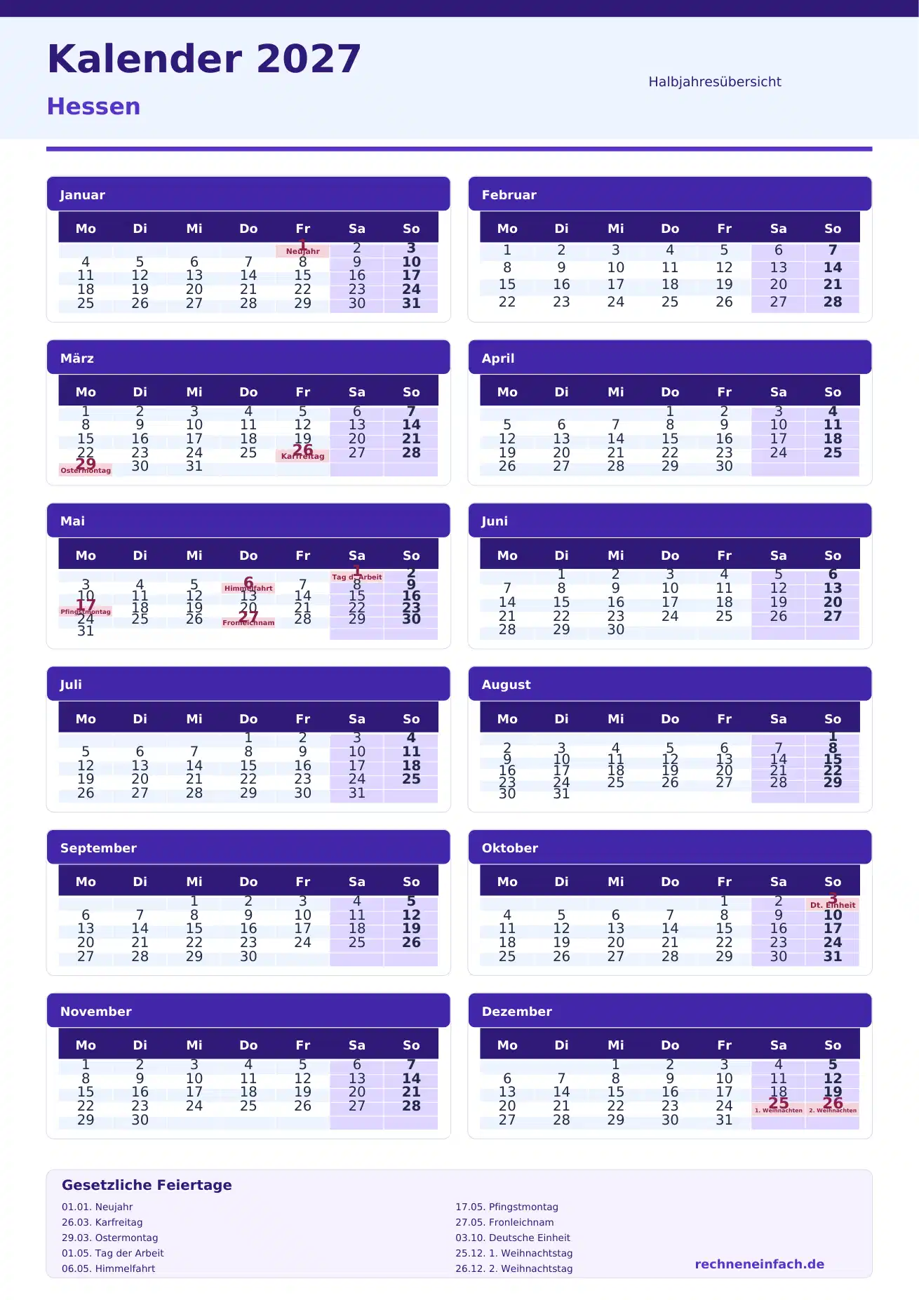 Kalender 2027 Hessen Hochformat · nach Halbjahren Vorschau